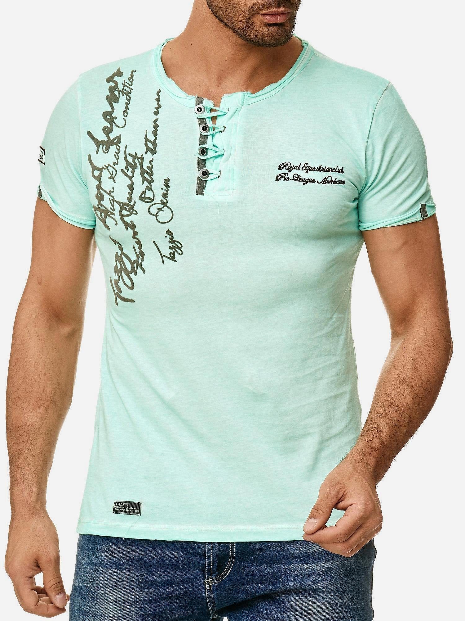 Used und mint T-Shirt in mit Look Kragen 4050-1 Tazzio dezentem Ölwaschung Rundhalsshirt offenem