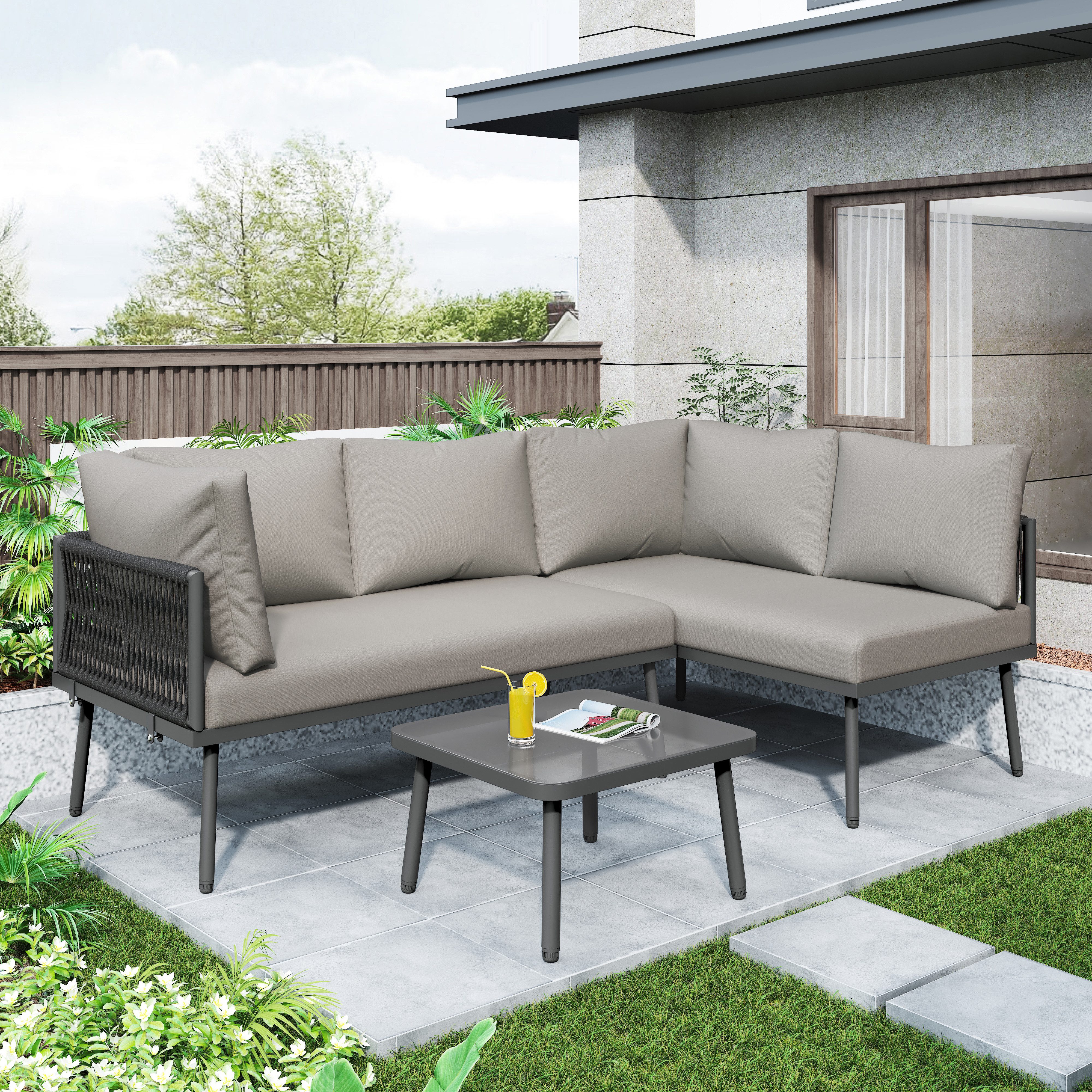 BlingBin Gartenlounge-Set Gartenmöbel Set, L-förmiges Terrassenmöbel, Ecksofa-Set aus Eisen, (1er Set, 1-tlg., Lounge-Set aus mit Sitzkissen, verstellbaren Füßen,2 Sofas und 1 Tisch), Lounge Sitzgruppe, Outdoor, für Terrasse, Balkon, Garten, Grau