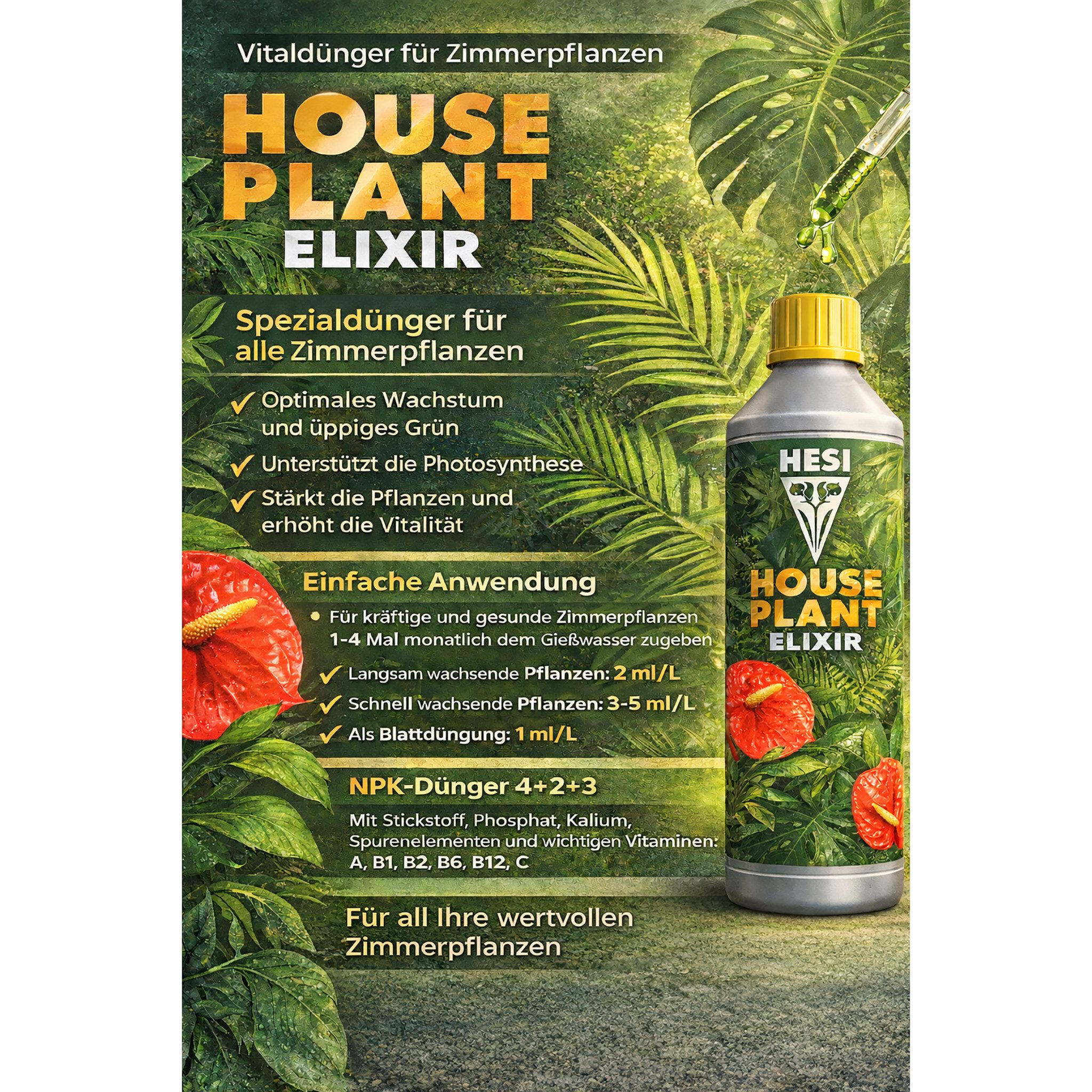 HESI Pflanzendünger 500 ml House Plant Elixir, Zimmerpflanzen-Dünger Stickstoffdünger