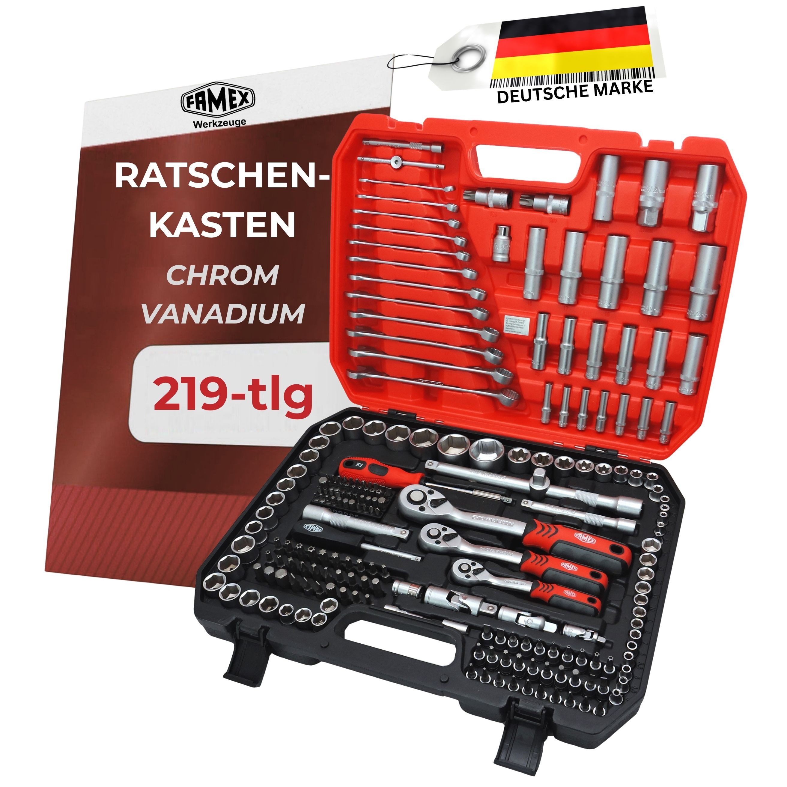 FAMEX Werkzeugset 555-50 Profi Steckschlüsselsatz 219-tlg, (Werkzeugkasten, Ratschenkasten 1/2", 1/4", 3/8), aus CV-Stahl, Auto, Motorrad, Fahrrad