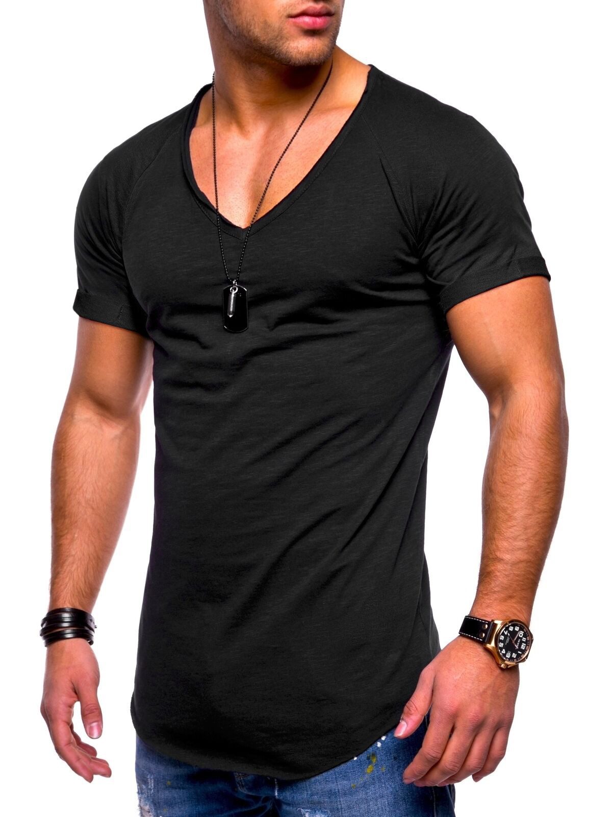 behype T-Shirt BHSOLIN Herren Basic Kurzarm V-Neck Oversized Shirt V-Ausschnitt