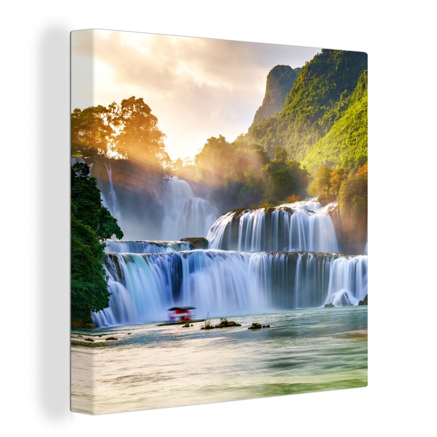 OneMillionCanvasses® Leinwandbild Wasserfall - Pflanzen - Sonne - Wasser - Natur, Fotodruck (1 St), Wandbild, Deko Schlafzimmer Wohnzimmer Flur 20x20 cm