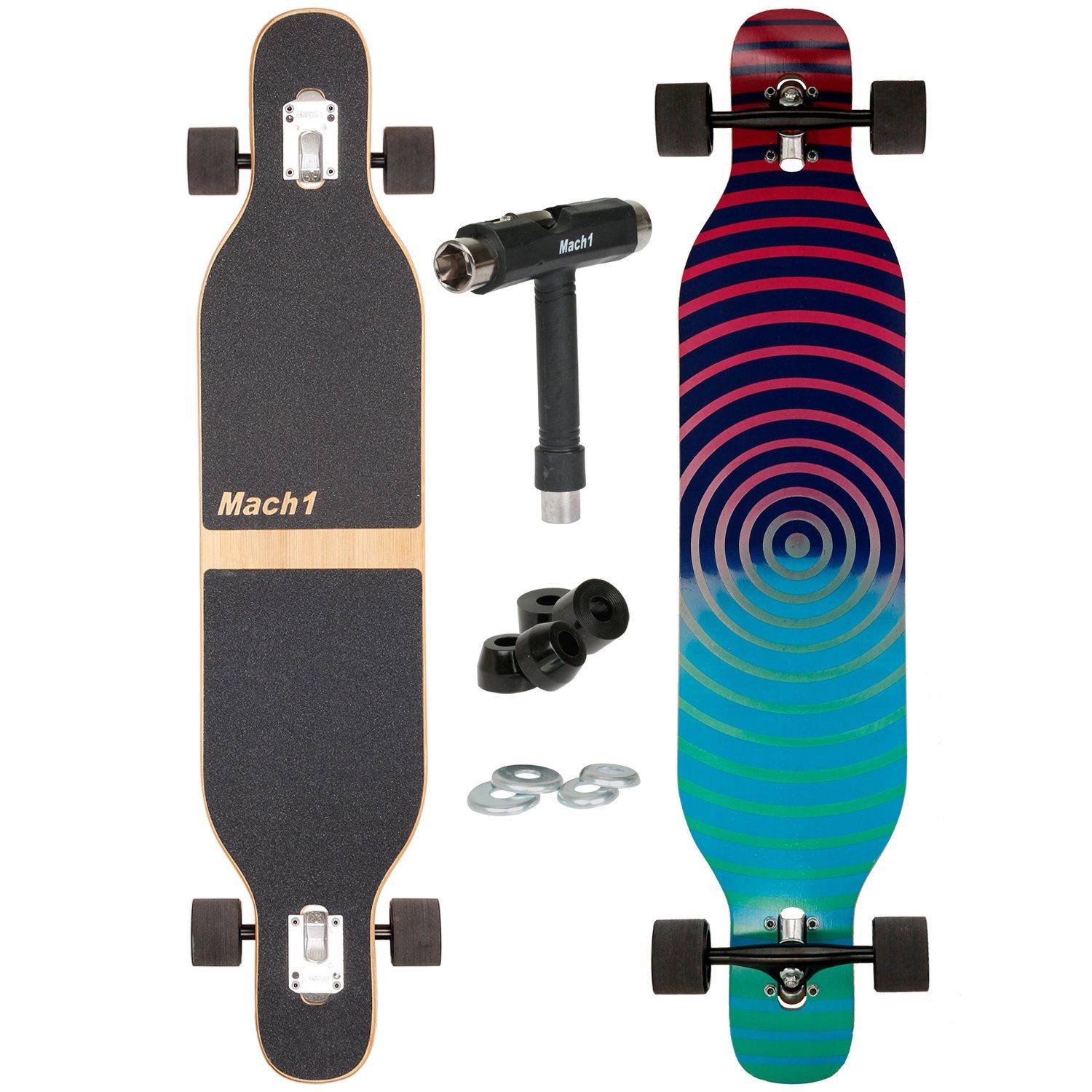 Mach1 Longboard aus Bambus mit Keramik Kugellager - Camber Drop Through Cruiser Board (Spar-Set inkl. T-Tool und extra Bushings, Longboard + T-Tool + 4er Set 85A Bushings), Twin Tip