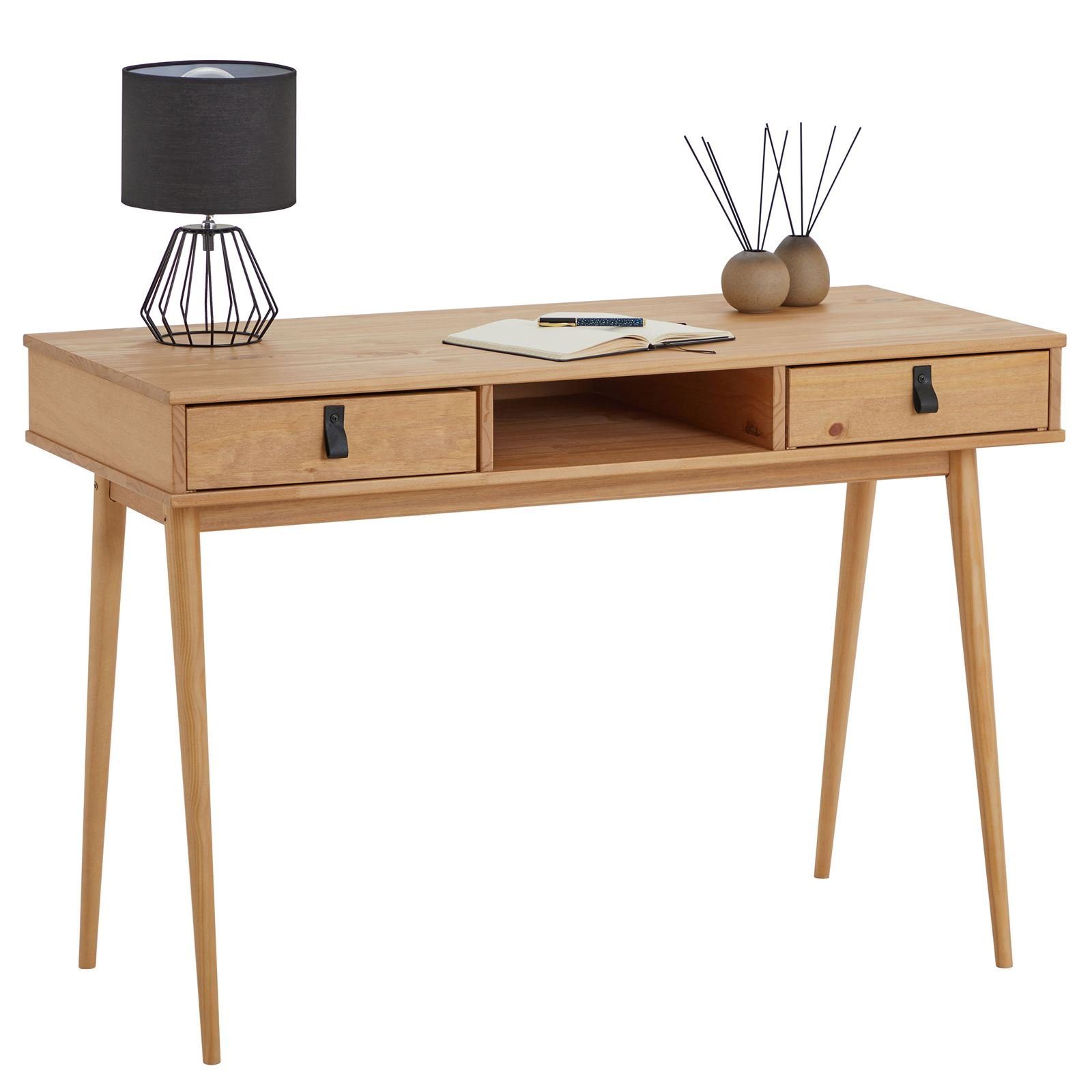 massiv Arbeitstisch mit Schreibtisch 2 Schreibtisch Bürotisch KIM, braun IDIMEX Kiefer Schubladen