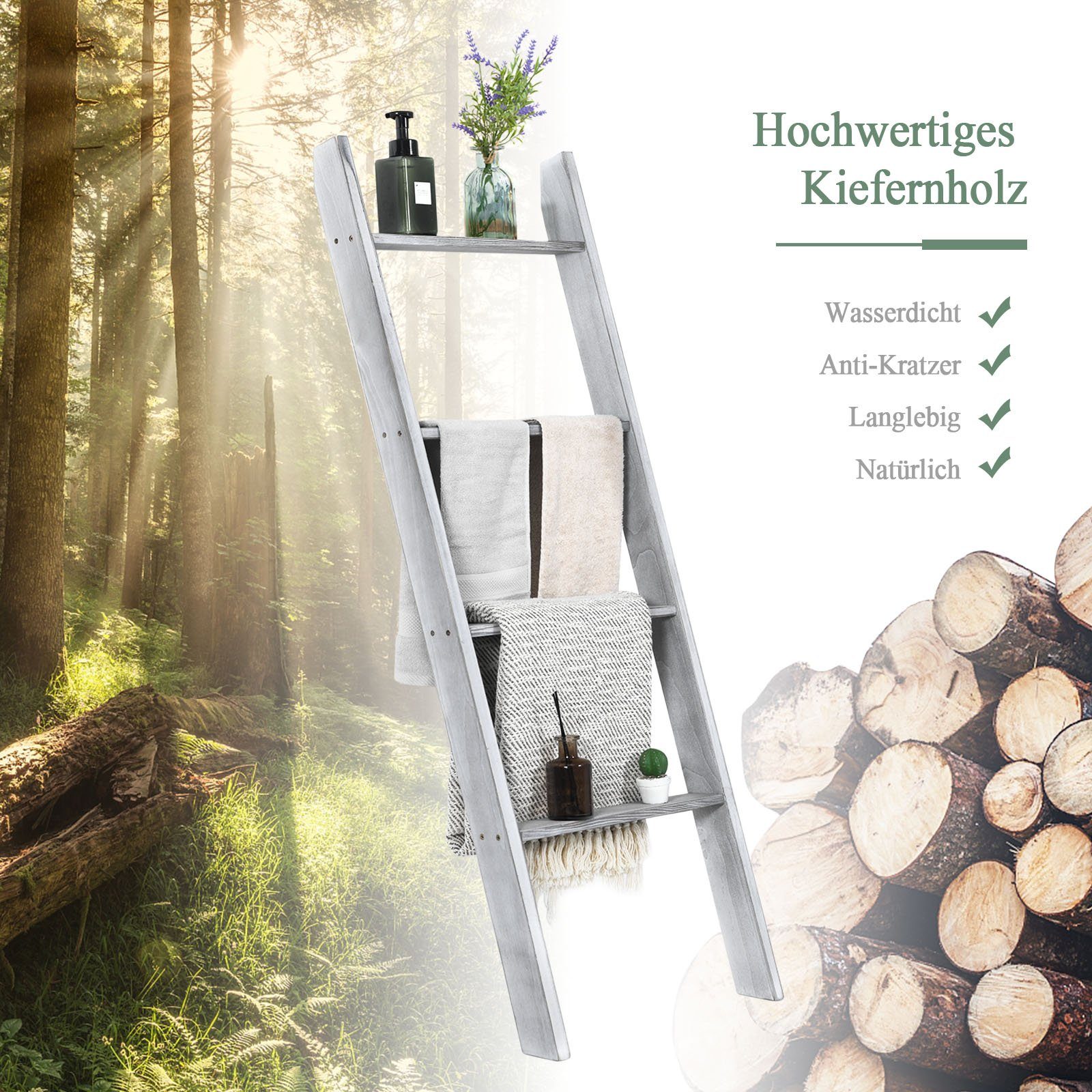 COSTWAY Handtuchleiter 5 Ebenen Handtuchhalter, aus Holz, bis 80 kg