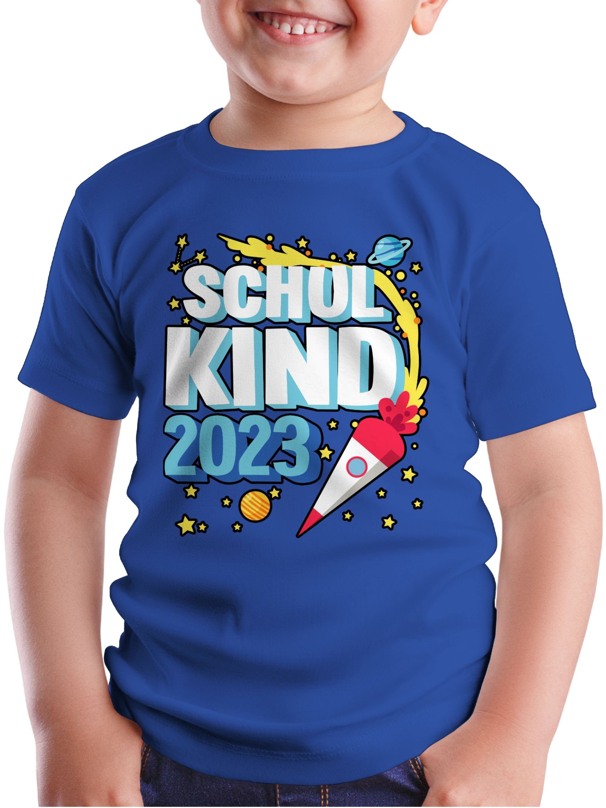 Geschenke Schulanfang Shirtracer schwarz Einschulung Junge 2023 Rakete Sternen mit und Royalblau - T-Shirt Endlich Schulkind 1