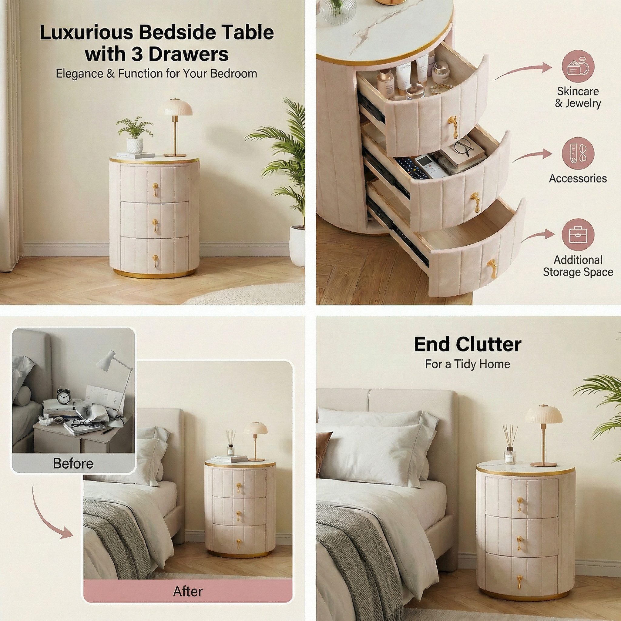 BlingBin Nachttisch Runder Nachtkästchen mit Schublade,Kompakter Aufbewahrungsende Tisch (1 Stück, 1-St., 38L x 38W x 45H cm), moderner minimalistischer Beistel – Bild 5 von 5