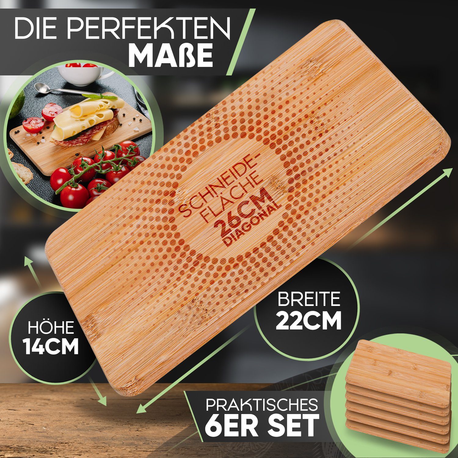 Loco Bird Frühstücksbrett 6er Set - 22 x 14cm, Bambus, (Antibakterielles Frühstücksbrett aus Holz, 6-St., Brettchen), Holzbrettchen für die Küche