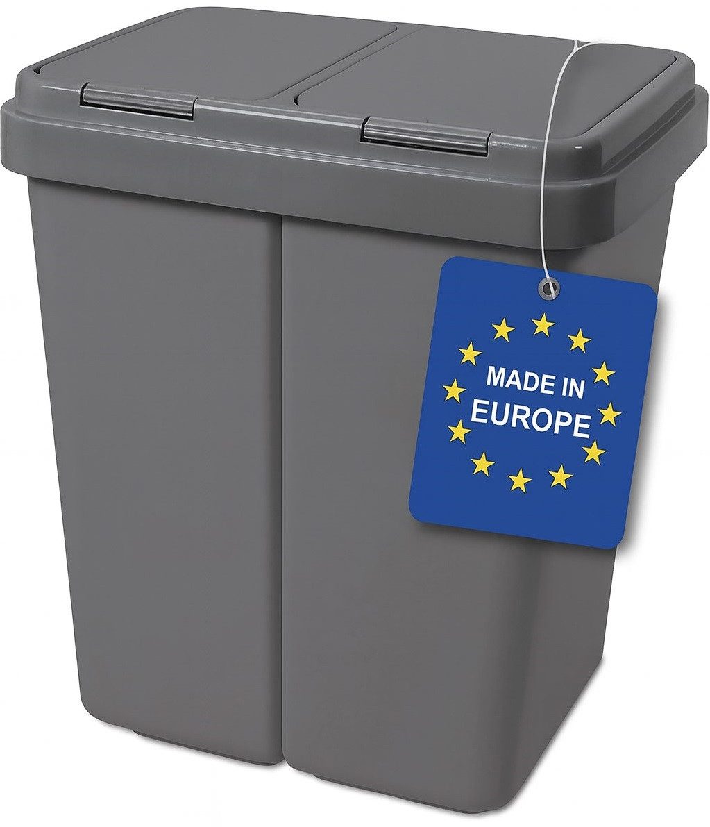 ALPFA Mülltrennsystem Duo Bin anthr. Mülleimer Müllsortierer Doppel, 2 mal 25 Liter / mit Tippdeckel / inkl. 2 Ersatzfedern
