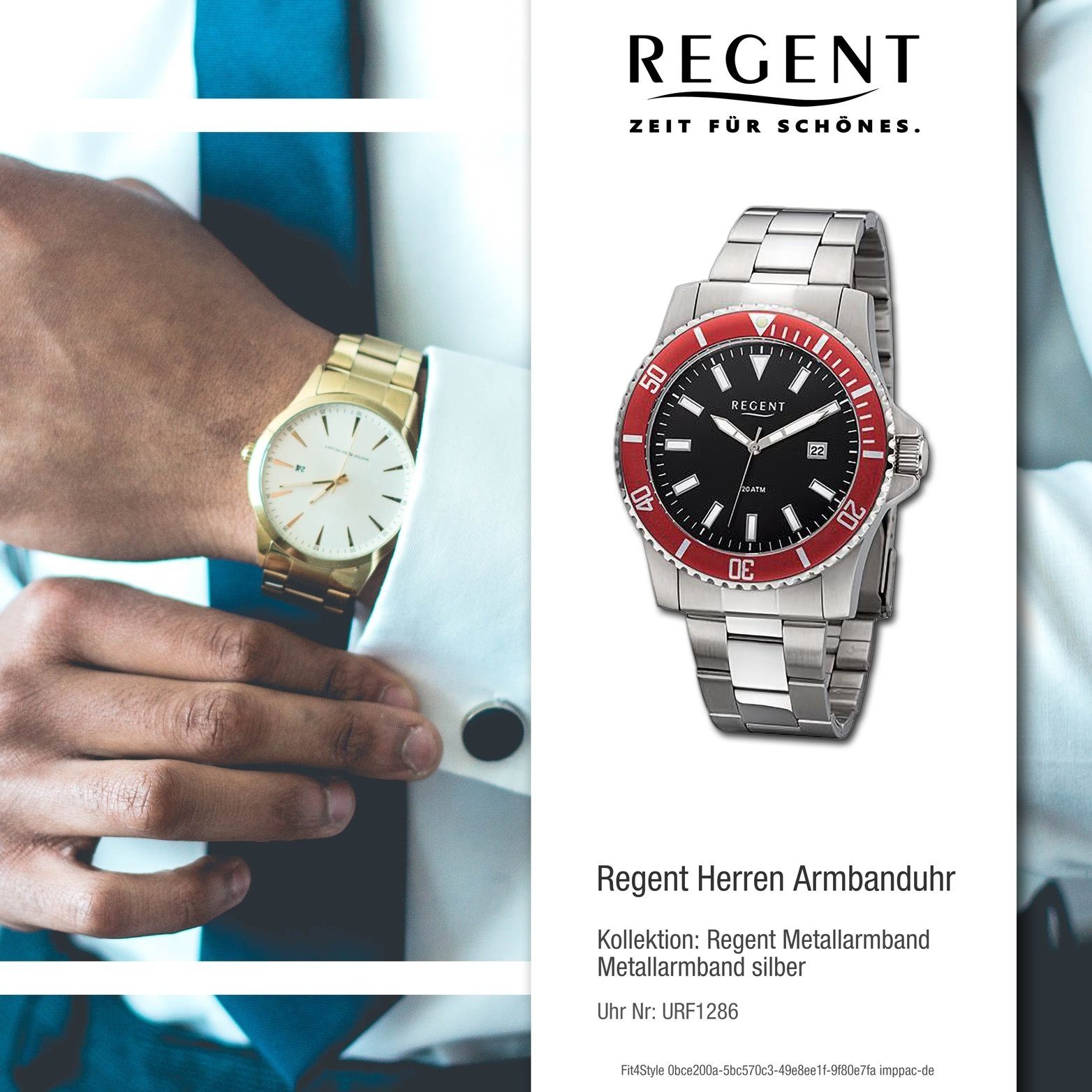 Regent Quarzuhr Regent Herren extra Metallarmband Analog, Herrenuhr Armbanduhr groß (ca. rundes 43mm) silber, Gehäuse