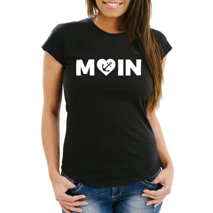 MoonWorks Print-Shirt Cooles Damen T-Shirt Moin Love Herz mit Anker Nordsee Slim Fit Moonworks® mit Print