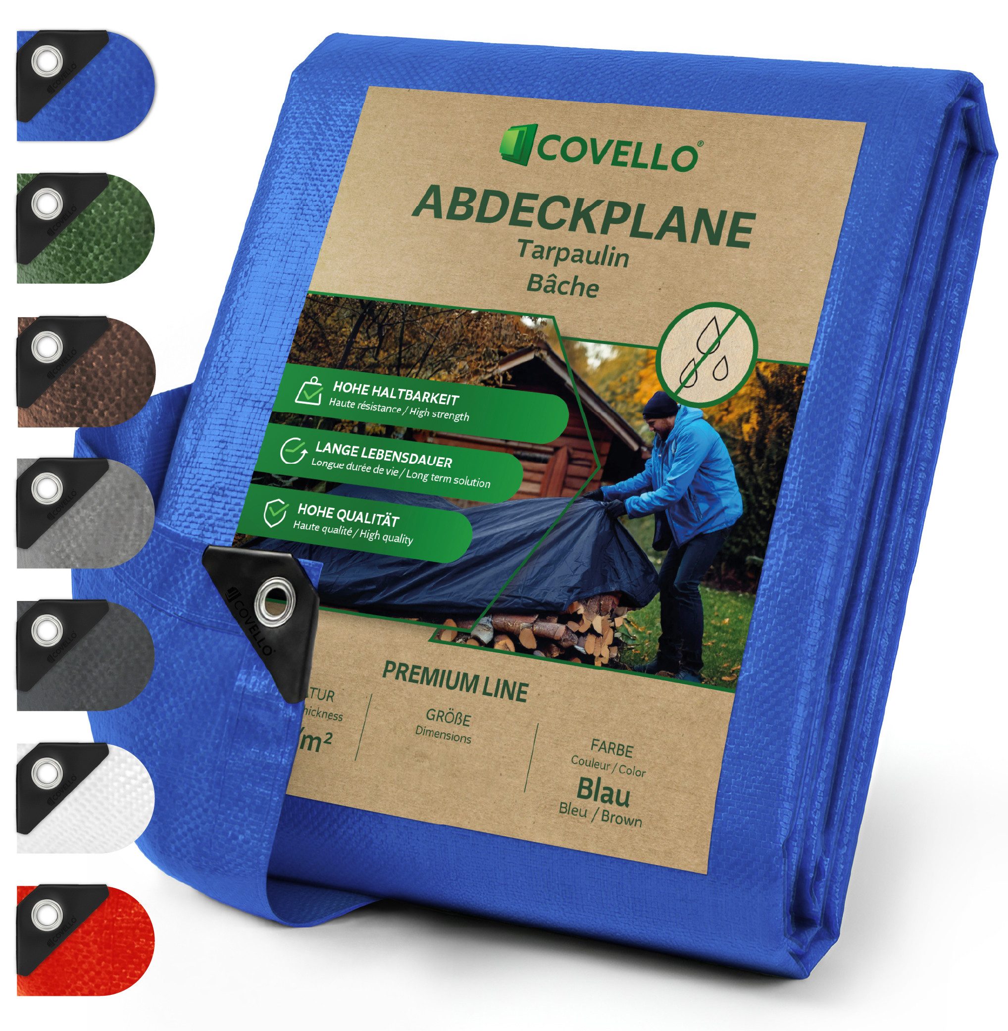 Covello Schutzplane 140g/m² blau, Abdeckplane mit Ösen wasserdicht, Plane UV-stabilisiert in vielen verschiedenen Farben & Größen
