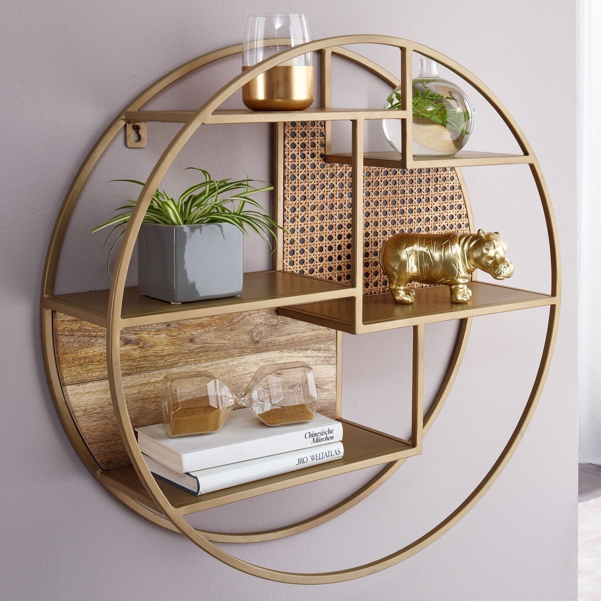 freiraum Wandregal WL6.476, in gold, Metall + Mango / Rattan - 17x62cm (TxD)