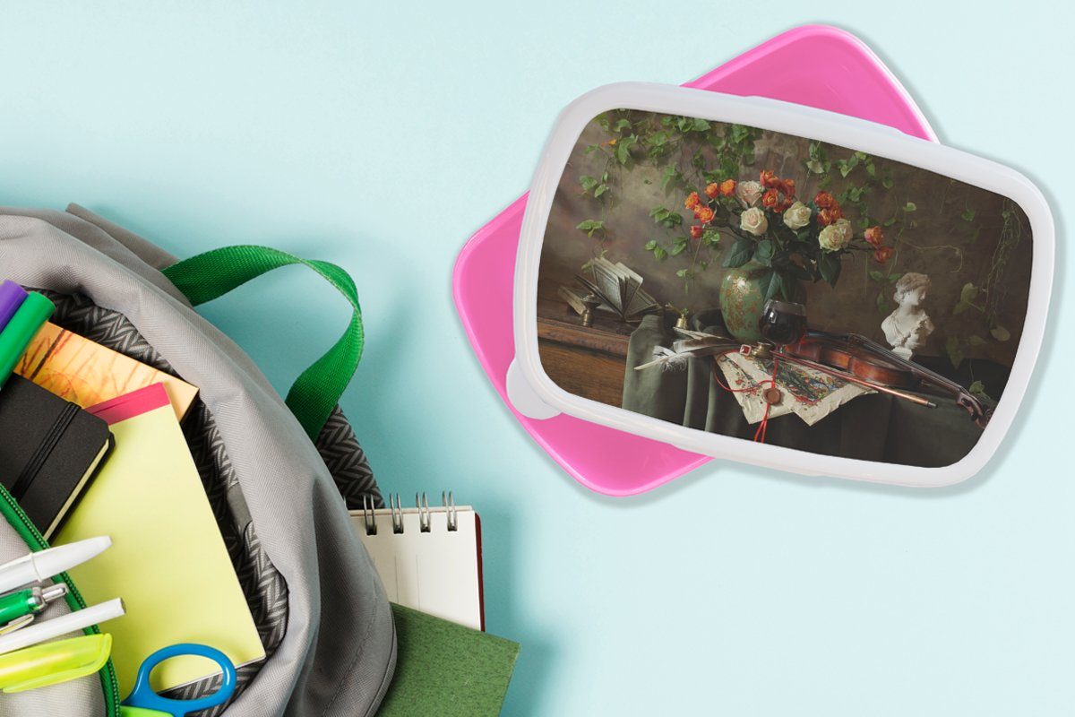 MuchoWow Lunchbox Blumen - Mädchen, für Kunststoff, (2-tlg), Brotbox Stilleben, Erwachsene, rosa Kunststoff Kinder, Brotdose Geige - Snackbox