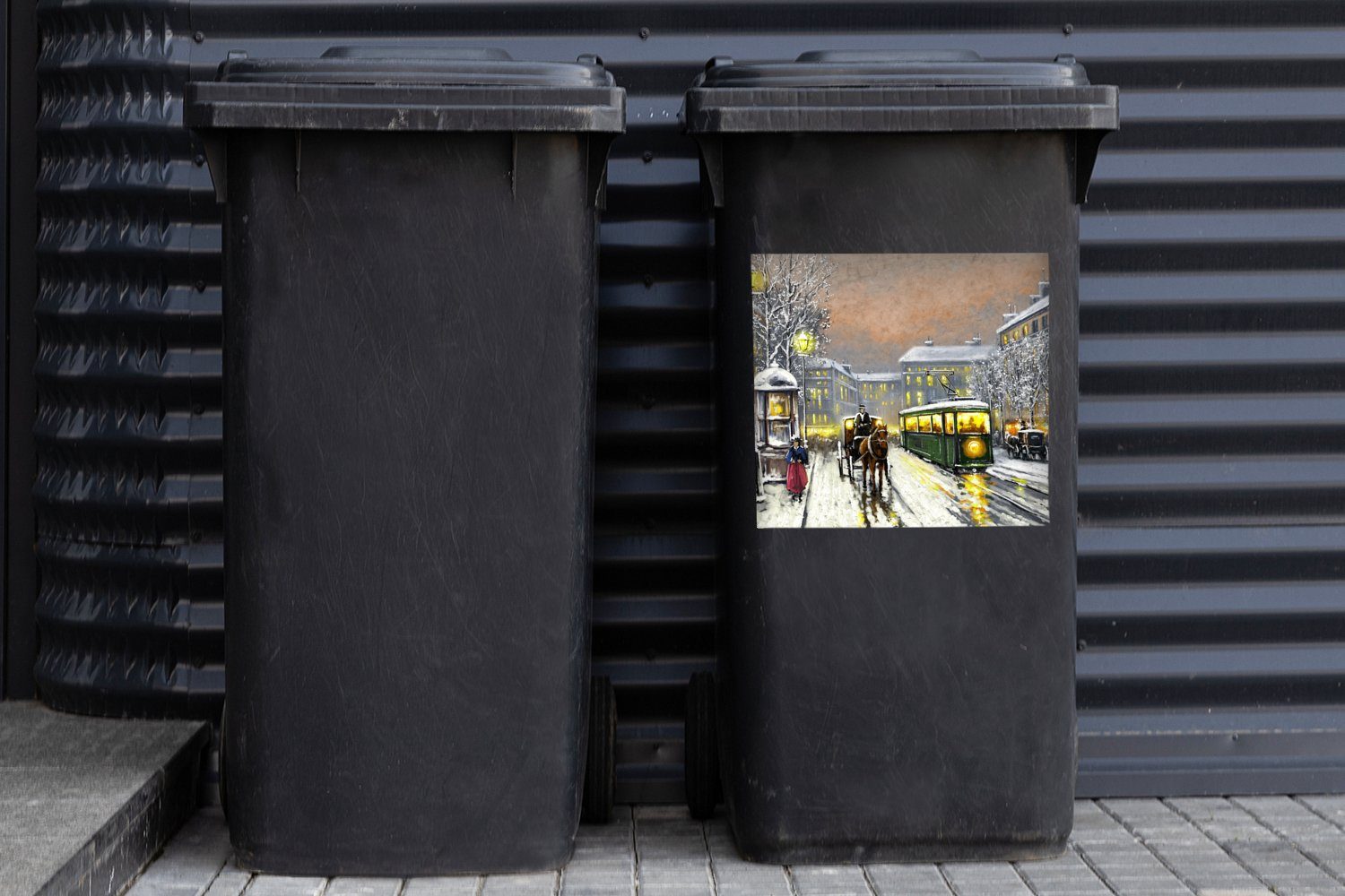 Abfalbehälter Container, Mülleimer-aufkleber, (1 Gemälde St), Pferd Sticker, - - Wandsticker Straßenbahn Ölgemälde - MuchoWow Winter - Mülltonne,