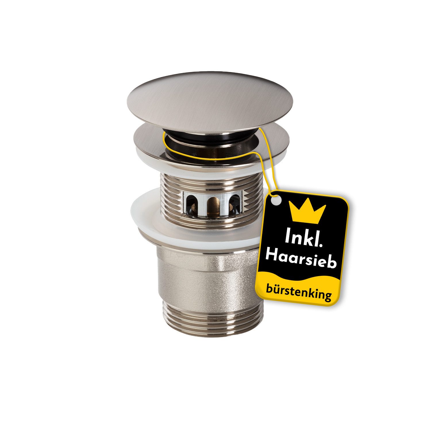 Bürstenking Ablaufgarnitur Ø 63/66 mm – Push-Open Ablaufventil - mit & ohne Überlauf & Haarsieb Push-Open / Pop-Up