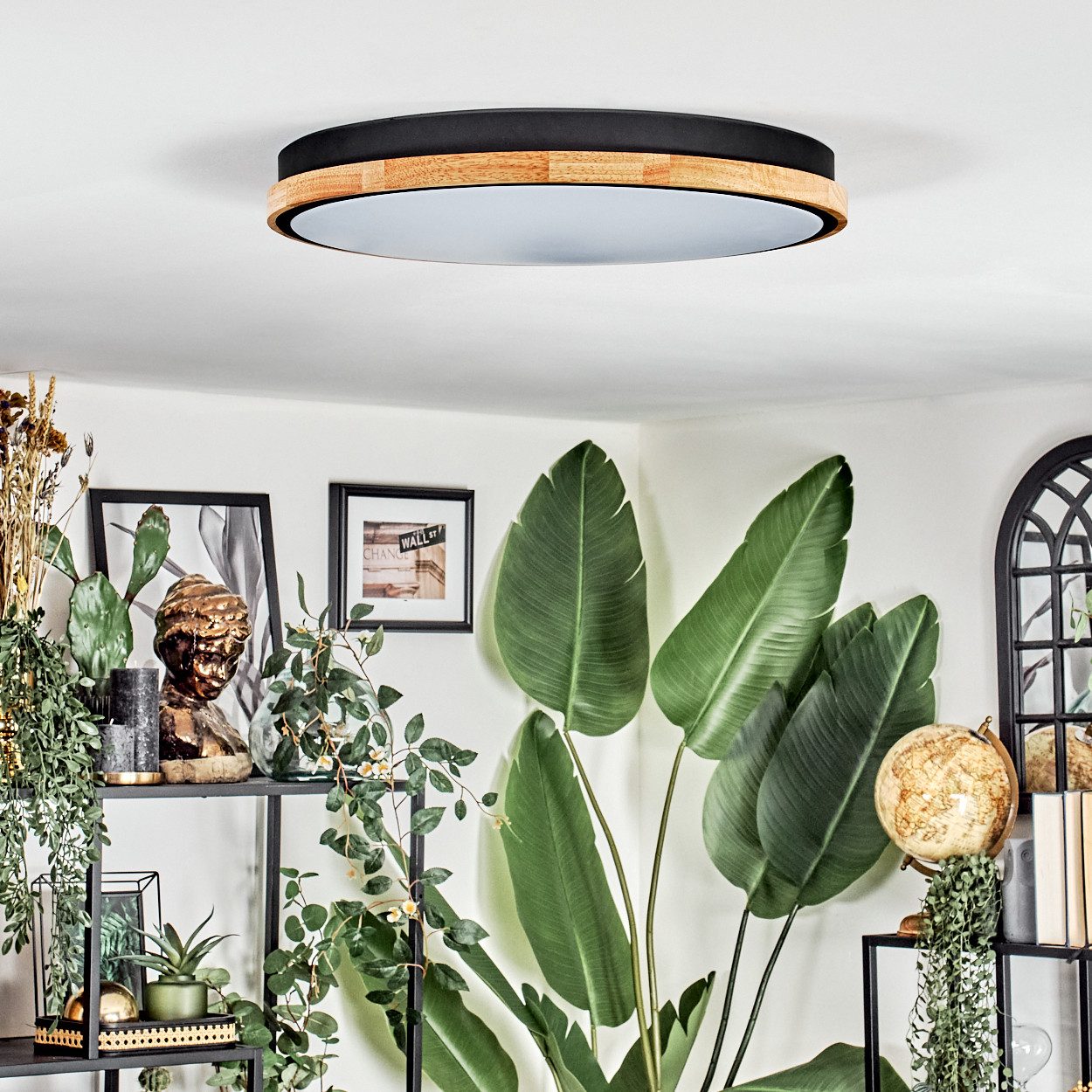hofstein Panel Deckenlampe aus Metall/Kunststoff/Holz in Schwarz/Natur, Fernbedienung, LED wechselbar, 3000-6500 Kelvin, dimmbare Deckenleuchte im modernen Desi – Bild 5 von 5