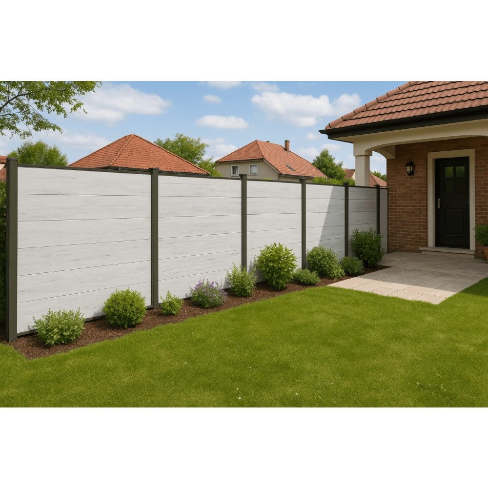 Woodstore24 Zaun Komplettset XXXL Premium coex. WPC Zaun zum einbetonieren beige, (Sichtschutz - 1,79 m Breite, 1,73 Höhe, 2 cm Stärke, Lamellenzaun Komplettset inkl. Pfosten, Start- und Endprofil), Stecksystem, Lamelle aus recyceltem Kunststoff & Holzfasern, beige