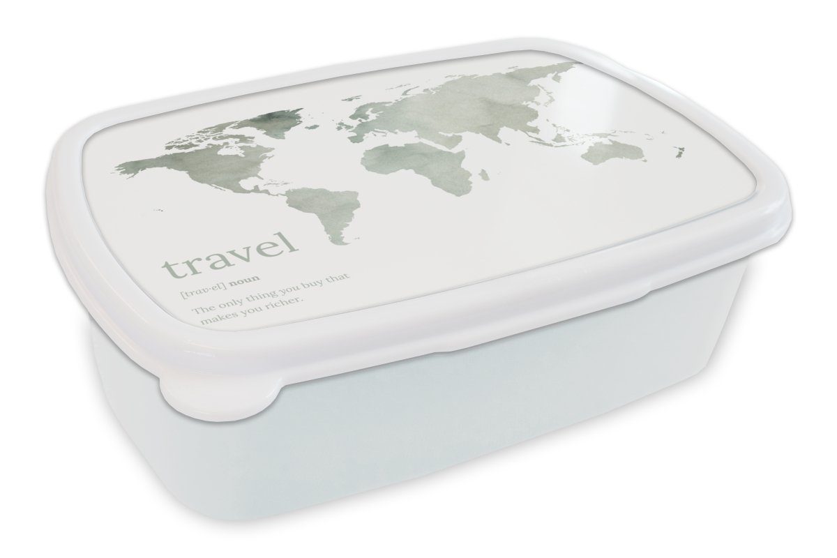 MuchoWow Lunchbox Weltkarte - Zitat - Reisen, Kunststoff, (2-tlg), Brotbox für Kinder und Erwachsene, Brotdose, für Jungs und Mädchen weiß