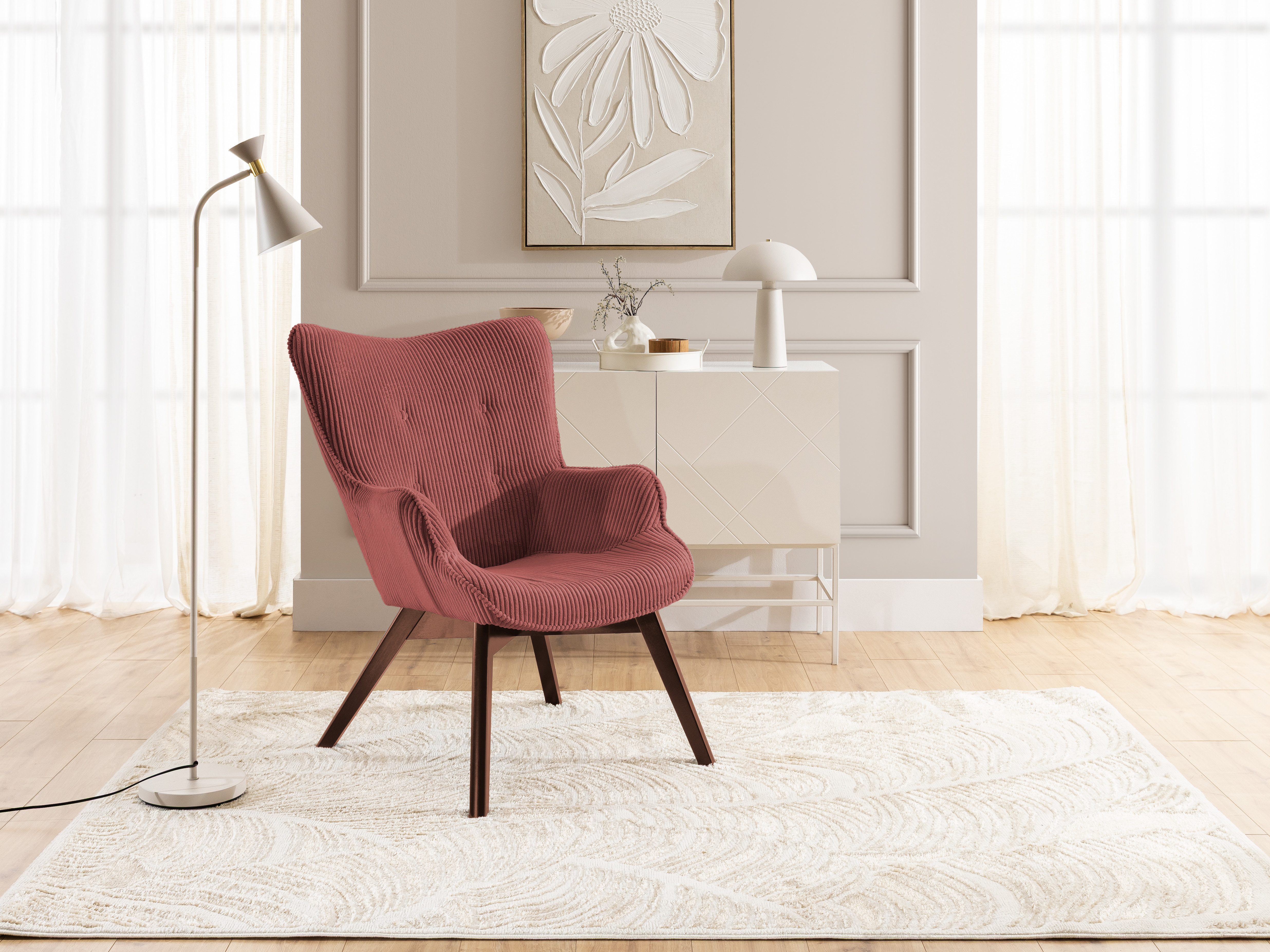 S-Style Möbel Loungesessel Lenari aus Cordstoff mit Füßen aus Massivholz in Natur oder Braun (1 x Lounge-Sessel)