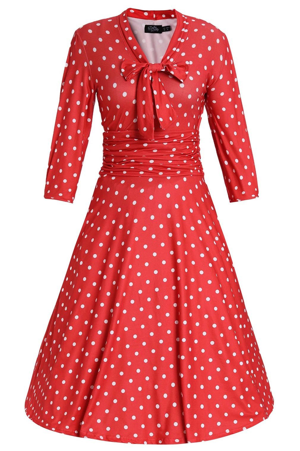 Dolly and Dotty A-Linien-Kleid Sandra Casual Bow Tie Polka Dot Rot Vintage Retro Rockabilly Jersey