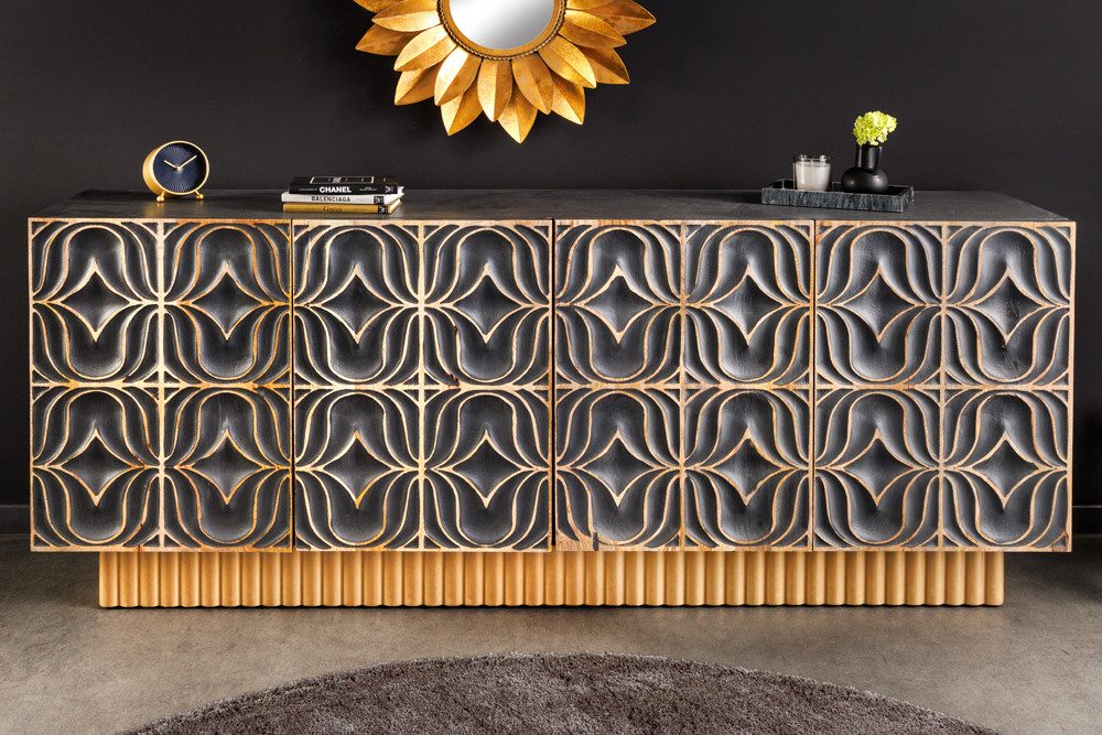 riess-ambiente Sideboard PIAZZA SAN MARCO 180cm grau / gold (Einzelartikel, 1 St), Mango-Massivholz · mit Stauraum · 3D Design · handmade · Wohnzimmer