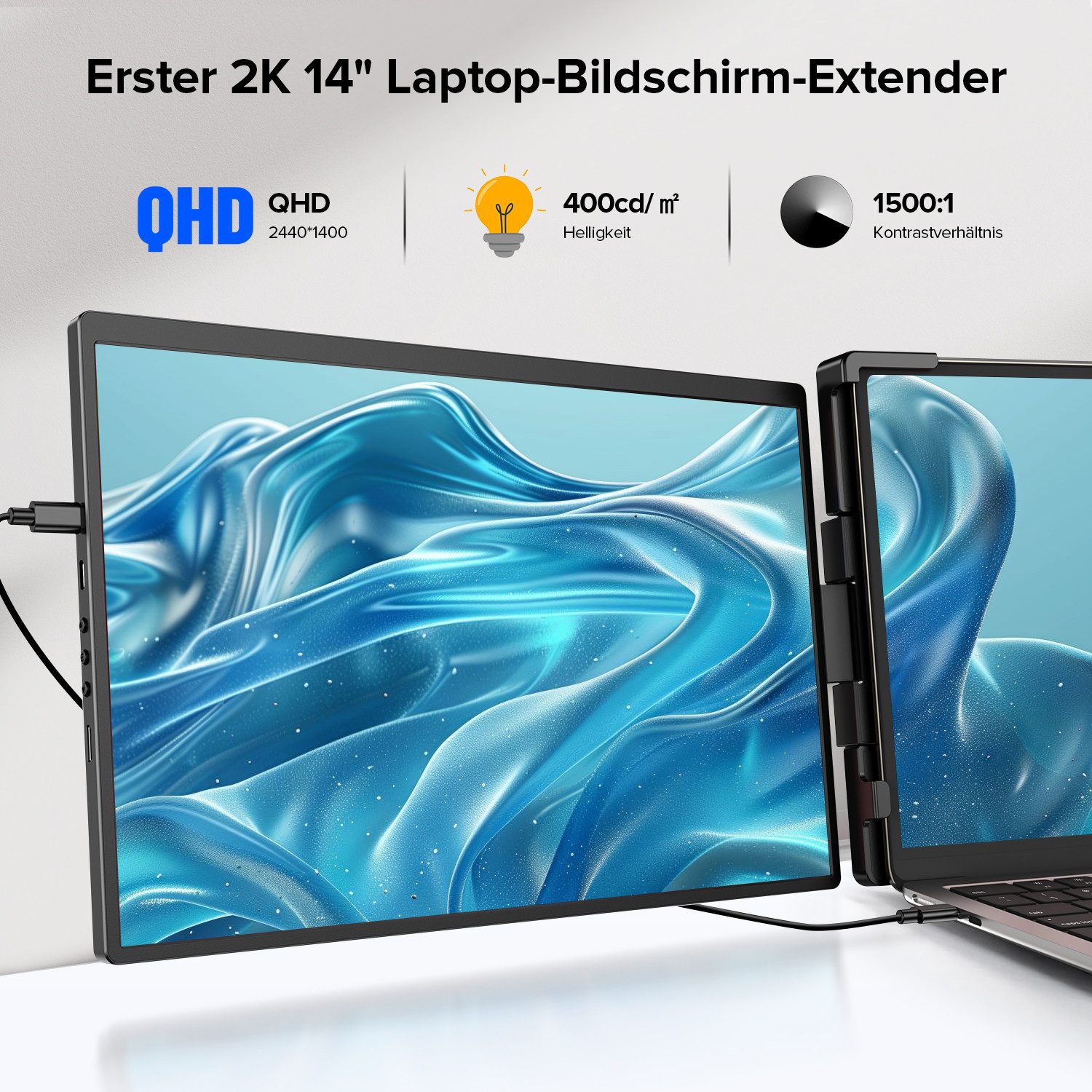 UPERFECT 2K-Laptop-Bildschirmerweiterung, Tragbarer Monitor Portabler Monitor (35,56 cm/14 ", 2240 x 1400 px, QHD, 60 Hz, IPS, Skalierbare Designunterstützung für 13-17-Zoll-Laptops)