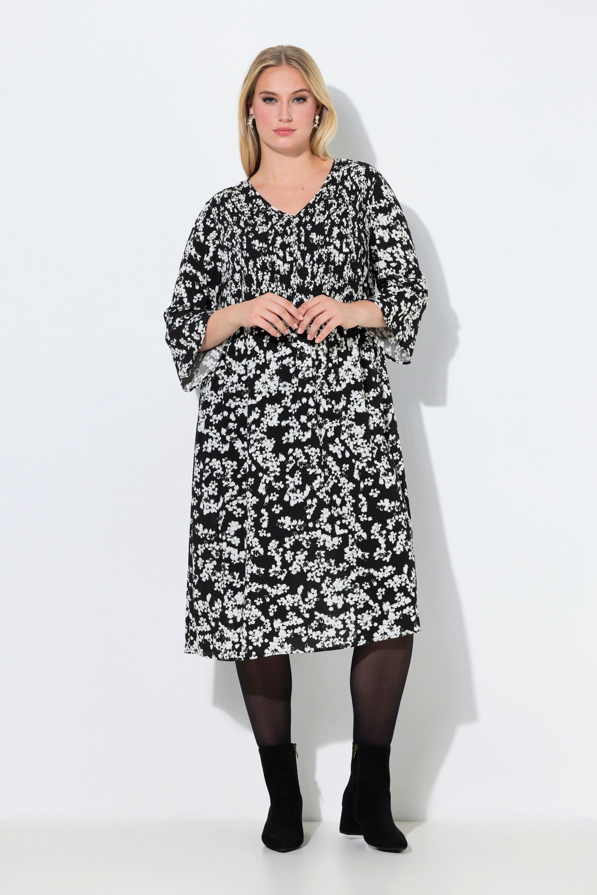 Ulla Popken Jerseykleid Midikleid Blüten A-Linie V-Ausschnitt 3/4-Arm