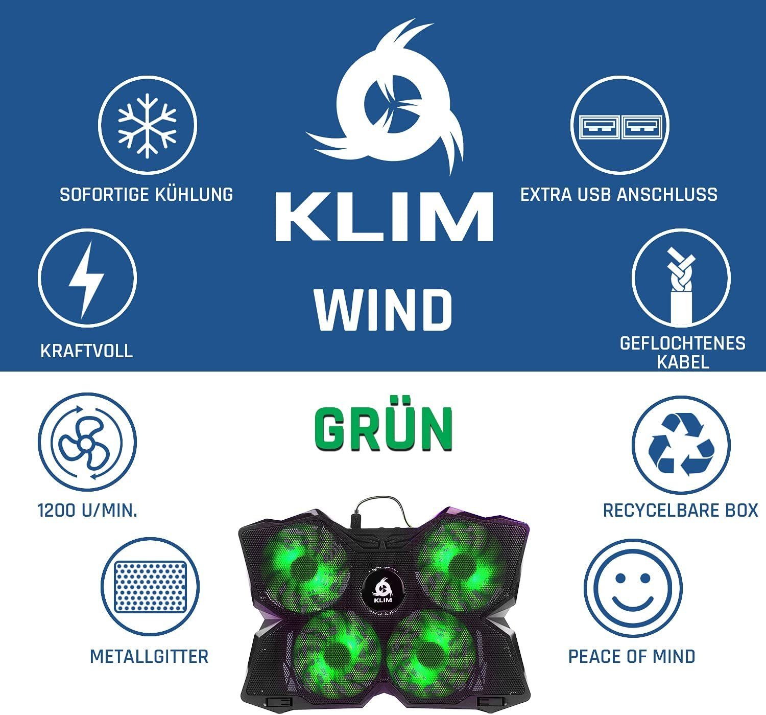 KLIM Notebook-Kühler Wind, der leistungsstärkste Grün Laptop-Kühlpad – Kühlventilator schnelle