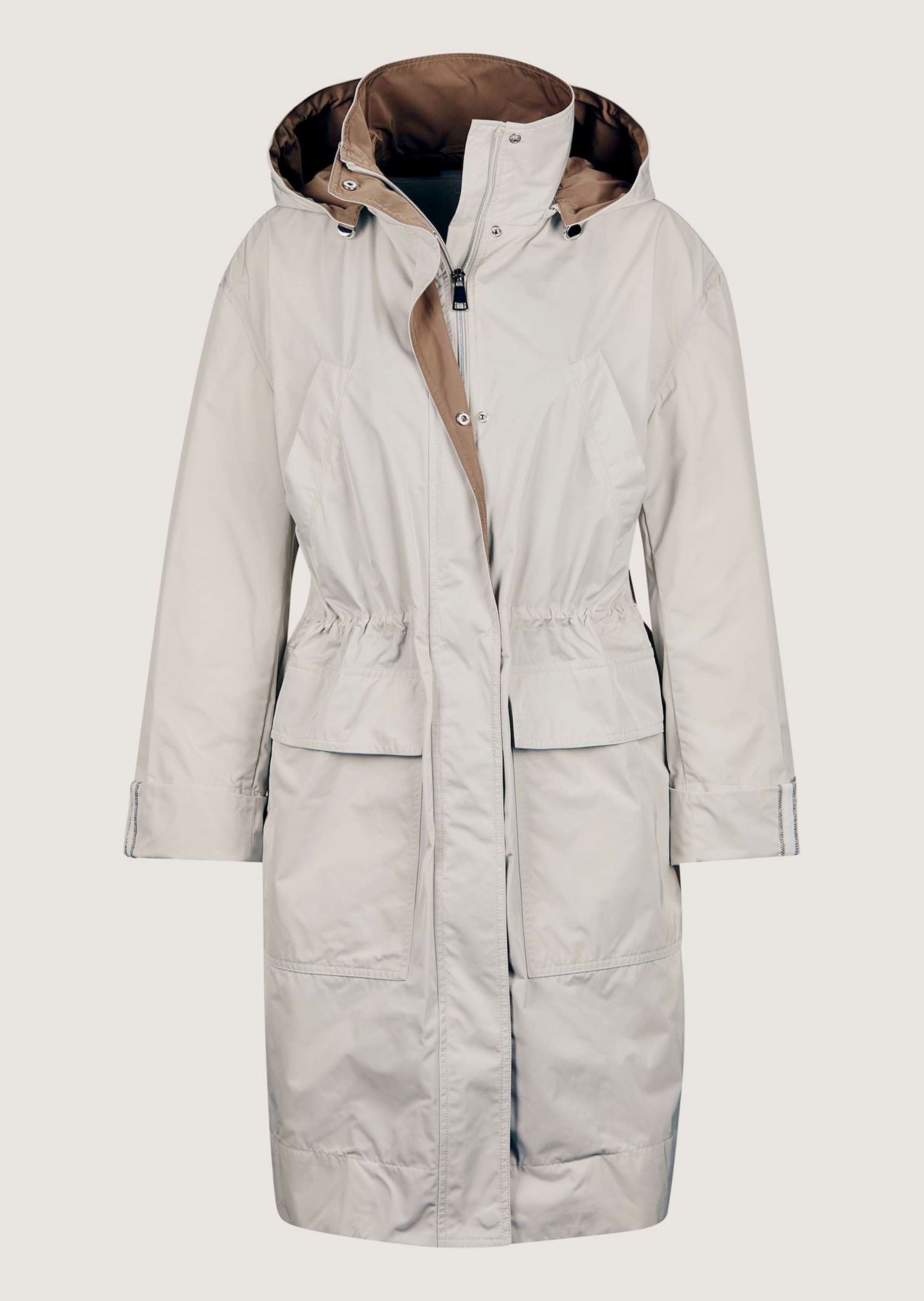 MADELEINE Outdoorjacke Longjacke mit abnehmbarer Kapuze Unifarbenes Design mit hohem Stehkragen und verdecktem Zipper
