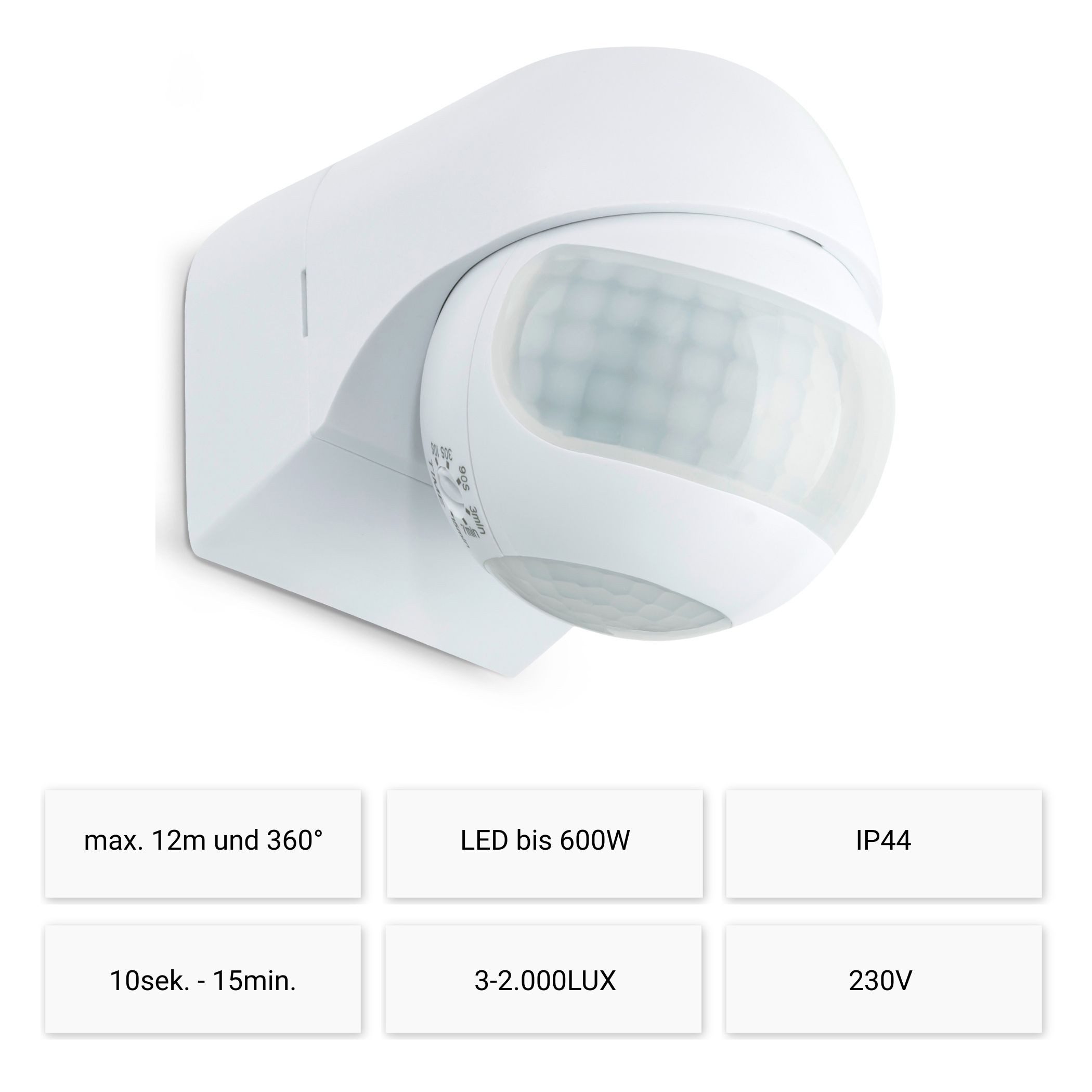 SEBSON Bewegungsmelder Infrarot Sensor Außen IP44 Aufputz Wand - Reichweite 12m 180° Winkel, (1-St), Wandmontage, schwenkbar, programmierbar, LED geeignet 600W, 3 Draht