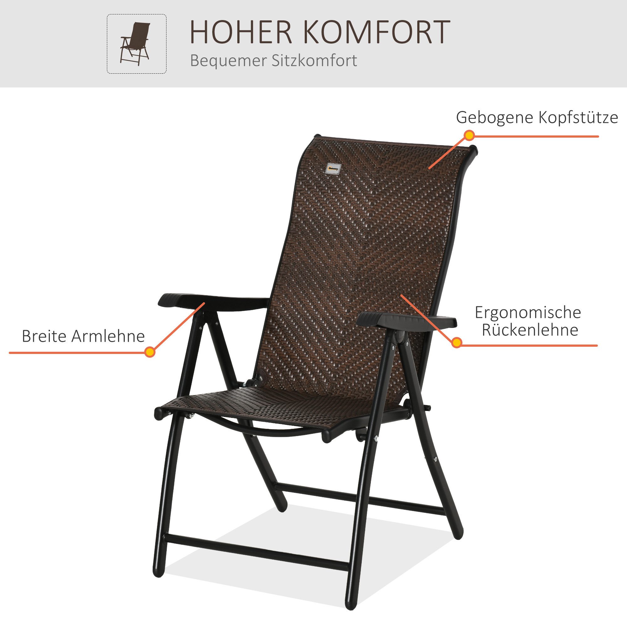 CHICFURN Gartenstuhl Polyrattan Klappstuhl mit 7-stufig verstellbarer Rückenlehne (mit Armlehne, Faltbarer Gartenstuhl für Balkon, Terrasse & Garten, 1 St), 58 x 71 x 111 cm Leichter Outdoor-Stuhl mit flexibler Sitzposition