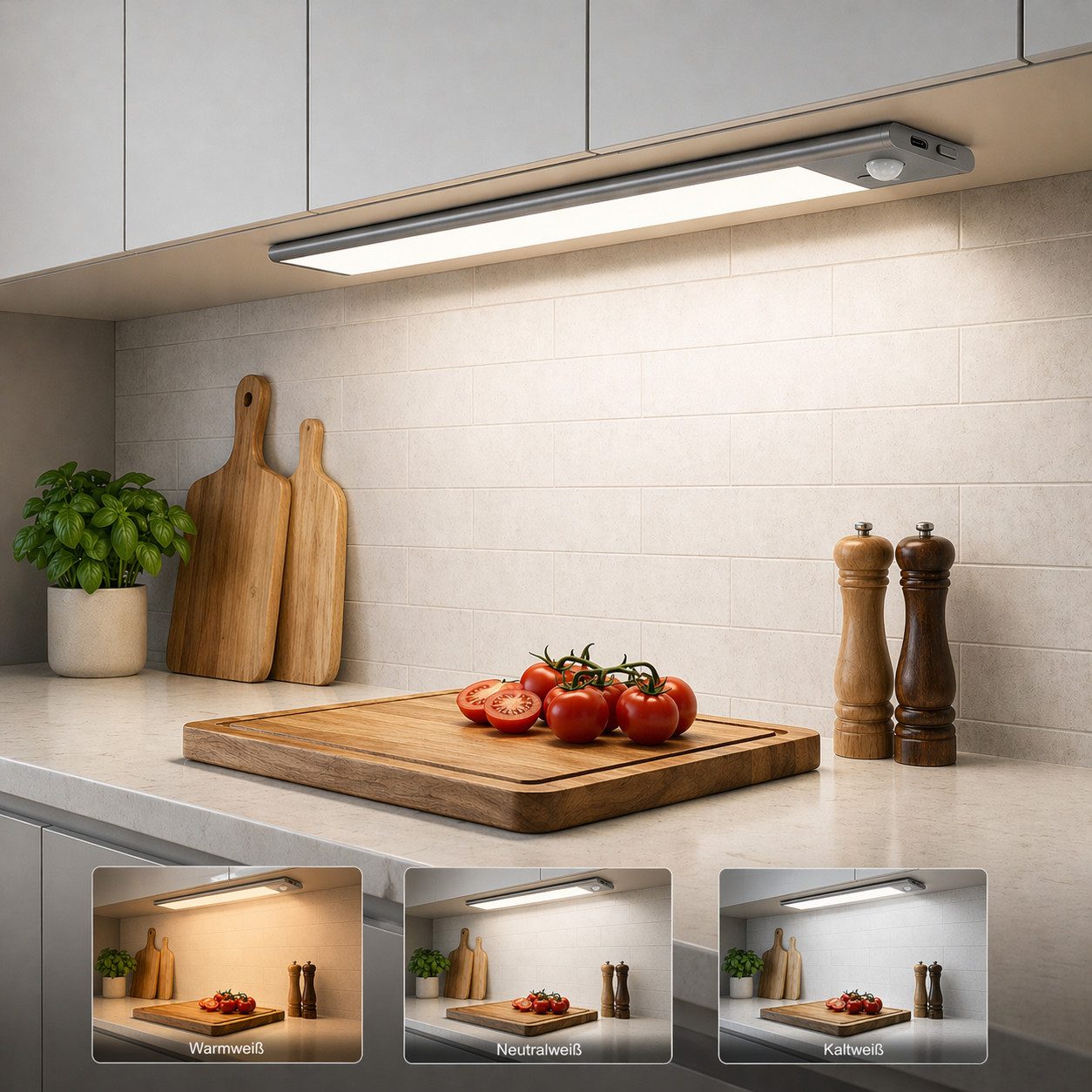 ANYSUN LED Unterbauleuchte Schrankbeleuchtung Kabellos mit Bewegungsmelder und Lichtsensor, 23cm LED Leiste mit 900 mah Wiederaufladbarer Akku Farbwechsler, Warmweiß, Kaltweiß, Neutralweiß, 6000K 4000K 3000K Dimmbar Nachtlicht für Treppenbeleuchtung und Kueche