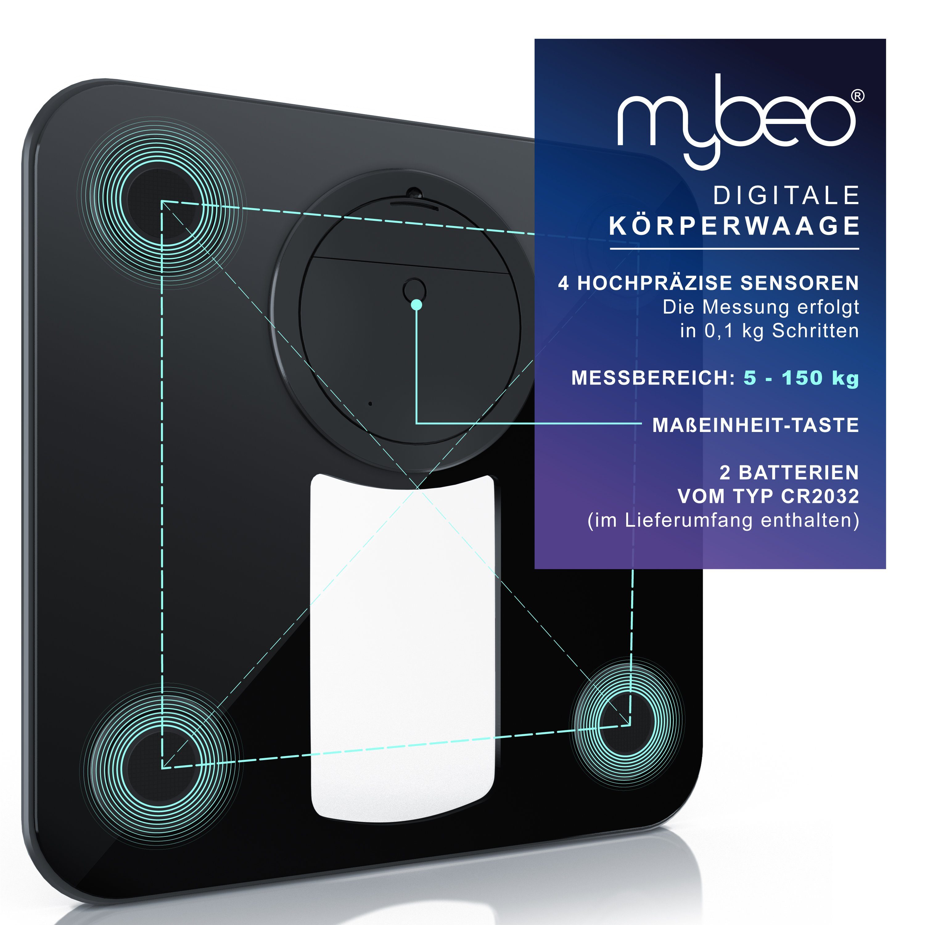 MyBeo Personenwaage Digitale Körperwaage, Badezimmer Waage, 6 mm Sicherheitsglas, 1-tlg., gut ablesbares LCD-Display, sicherer Stand, schlankes Design – Bild 4 von 5