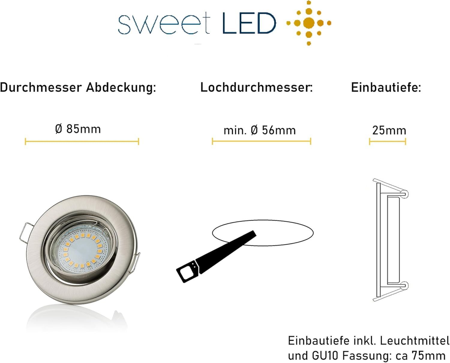 Sweet LED LED Einbaustrahler GU10 6er SET Deckenspot 5W 230V 3000K schwenkbar Chrom, Deckenspots, Deckenstrahler,Einbauleuchten