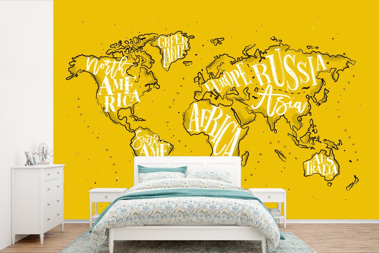 MuchoWow Fototapete Weltkarte - Gelb - Weiß - Einfach, Matt, bedruckt, (6 St), Wallpaper für Wohnzimmer, Schlafzimmer, Kinderzimmer, Vinyl Tapete