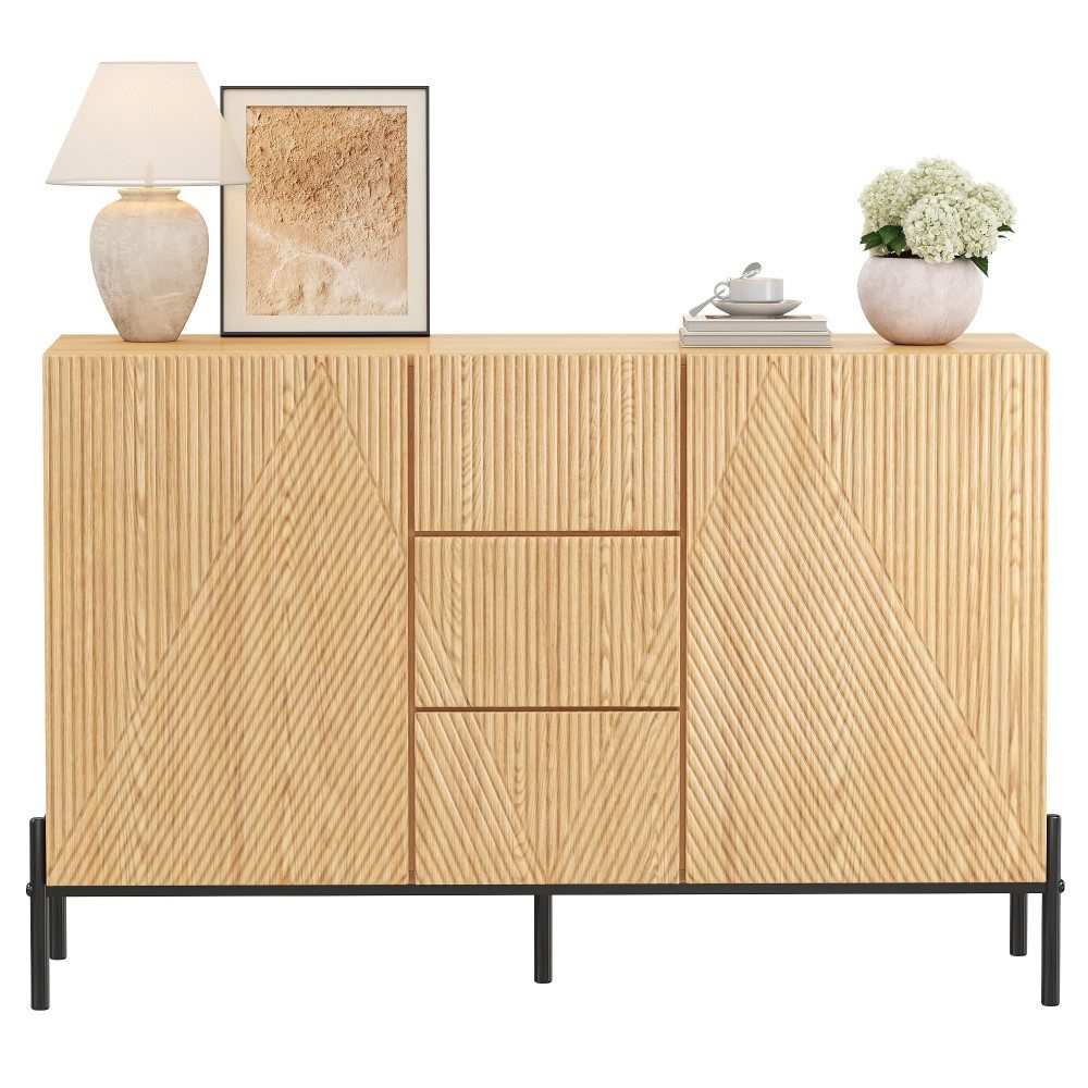 BBG Anrichte Sideboard 115,5 cm mit 3D-Front, Kommode mit 2 Türen & 3 Schubladen (MDF Highboard mit Metallbeinen), Wohnzimmerschrank, Esszimmerschrank, Aufbewahrungsschrank modern