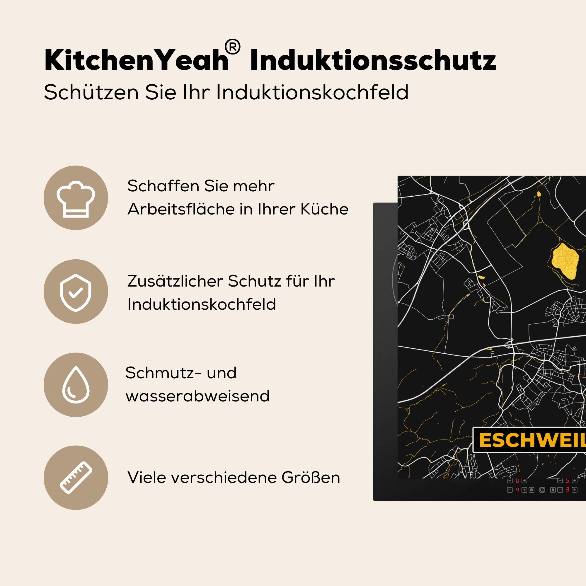 (1 MuchoWow Deutschland Schwarz - 78x78 Karte, - - cm, Vinyl, - und Stadtplan tlg), Herdblende-/Abdeckplatte Arbeitsplatte Ceranfeldabdeckung, Gold für Eschweiler küche