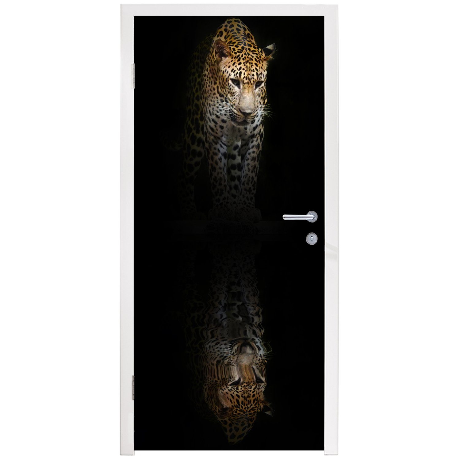 Türtapete MuchoWow Matt, - Tür, (1 Reflexion bedruckt, Fototapete Leopard Türaufkleber, St), cm - 75x205 für Schwarz,