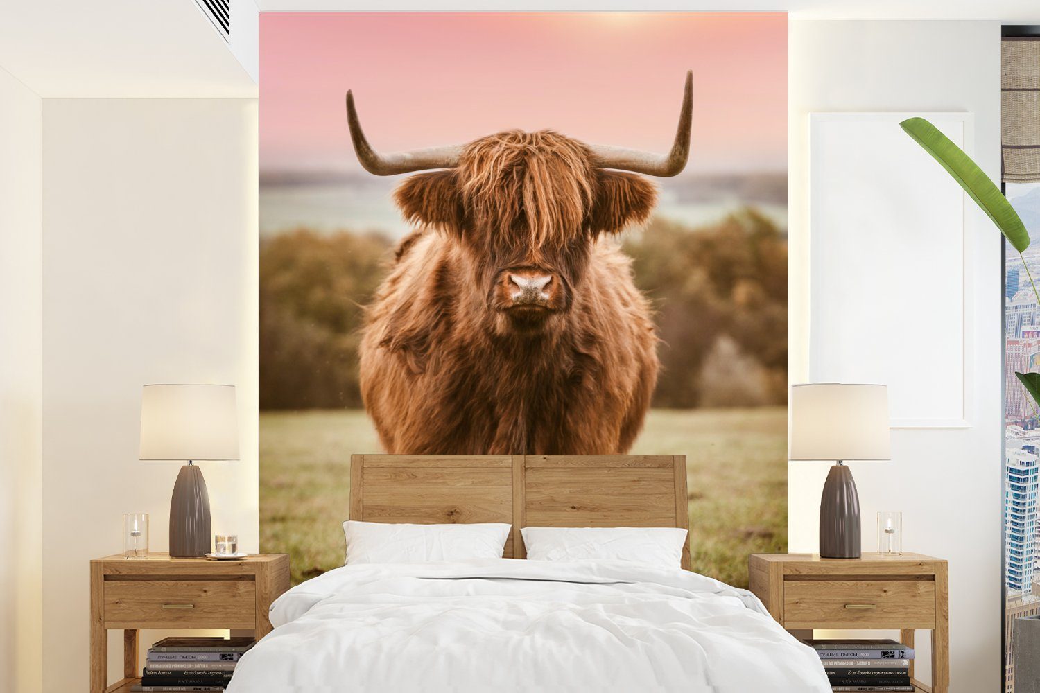 MuchoWow Fototapete Schottischer Highlander - Kuh - Horizont, Matt, bedruckt, (4 St), Montagefertig Vinyl Tapete für Wohnzimmer, Wandtapete | Fototapeten