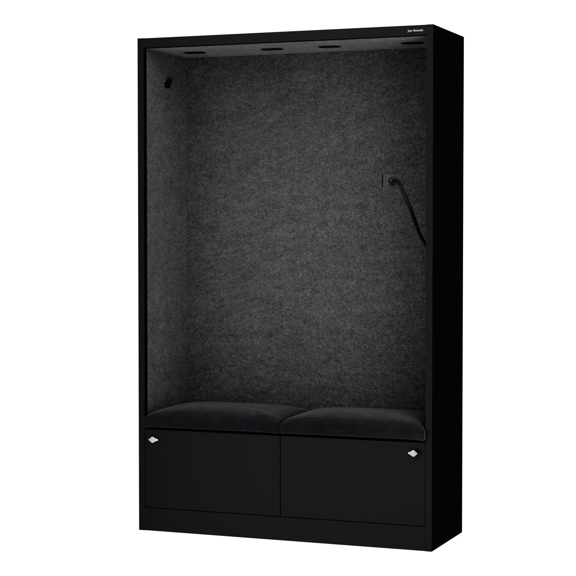 Jan Nowak Raumteiler Akustikkabine Telefonkabine SALLY 115 cm NRC 0,8 Sitzplatz USB-C, Stahl pulverbeschichtet recycelte PET-Paneele B1 185 x 115 x 40 cm, Bürokabine schallabsorbierend PET offen 4 Rahmen 4 Polsterfarben