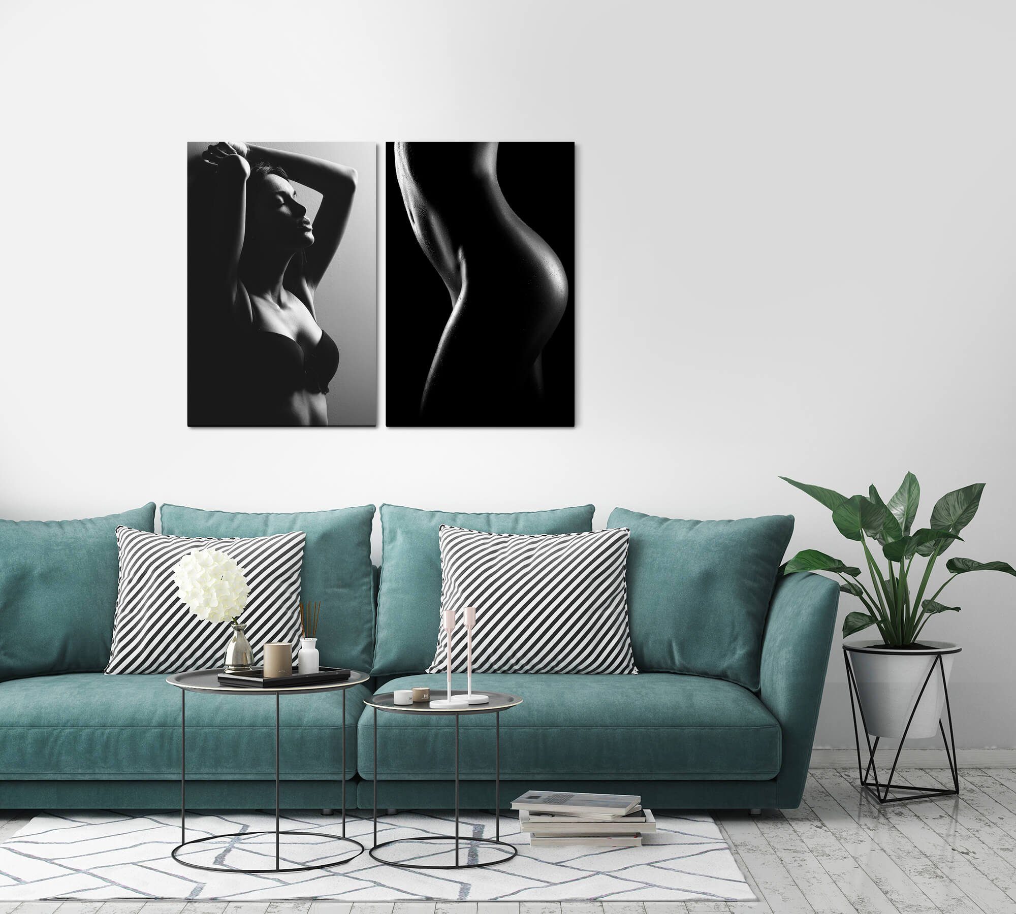 Sinus Art Leinwandbild 2 Bilder je 60x90cm Model Akt Erotisch Verführerisch Geheimnisvoll Schwarz Weiß Schlafzimmer