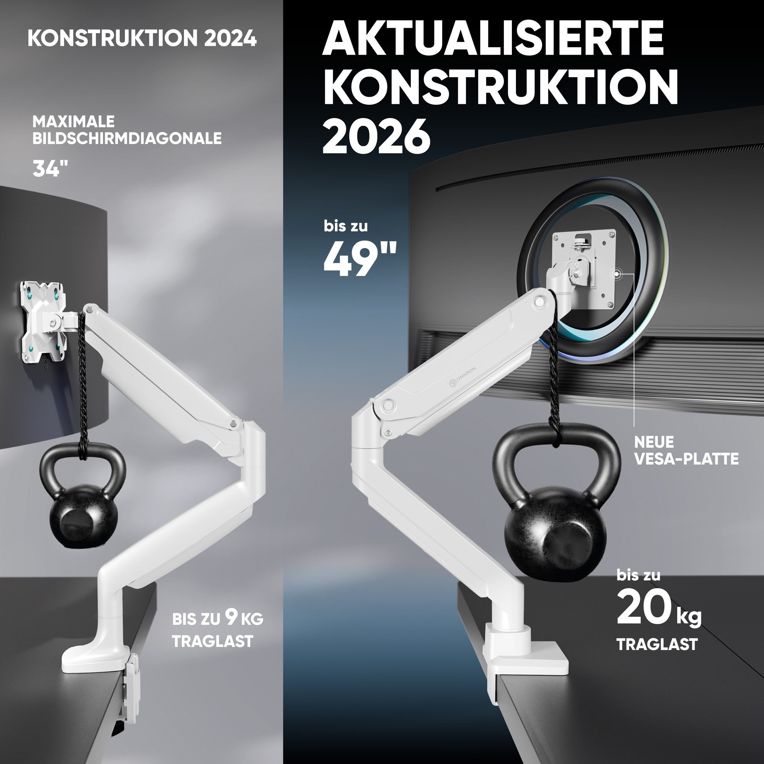 ONKRON Monitor-Halterung 17-49 Zoll, bis 20 kg, VESA 75x75-100x100, G100-W, (bis 49 Zoll, Packung, 1-tlg., neigbar, schwenkbar, drehbar, Gasdruckfeder, Kabelman – Bild 2 von 5