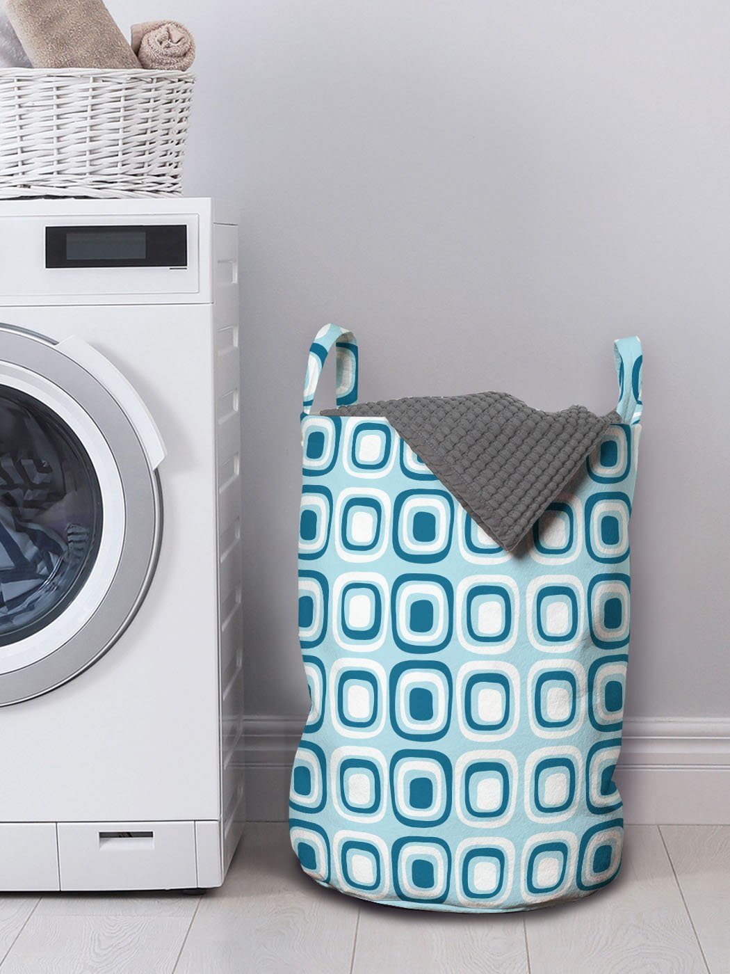 Retro Waschsalons, mit Wäschekorb Wäschesäckchen weiß Griffen Squares Kordelzugverschluss und für Blau Abakuhaus