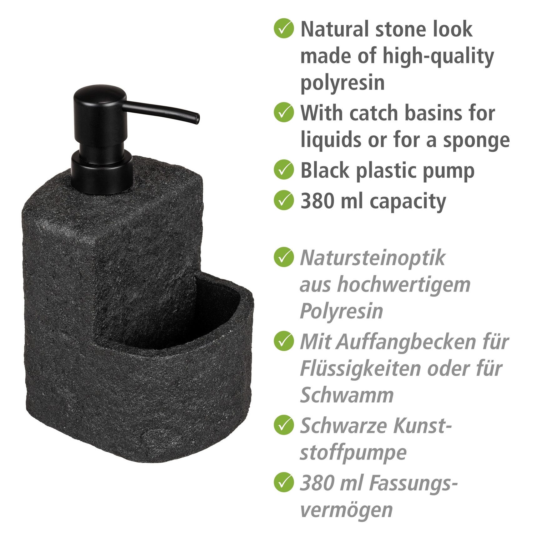 WENKO Spülmittelspender Modell Festival, aus Polyresin, Steinoptik, mit Spülschwamm-Fach, 380 ml
