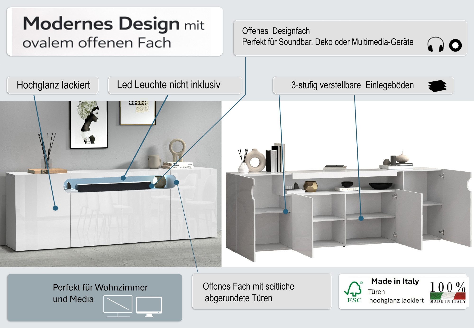 OTTO home Sideboard Sideboard REAL, Kommode, Schrank, Kredenz (1 St), Mit 4 Türen, davon 2 abgerundet, die ein ovales offenes Fach bilden