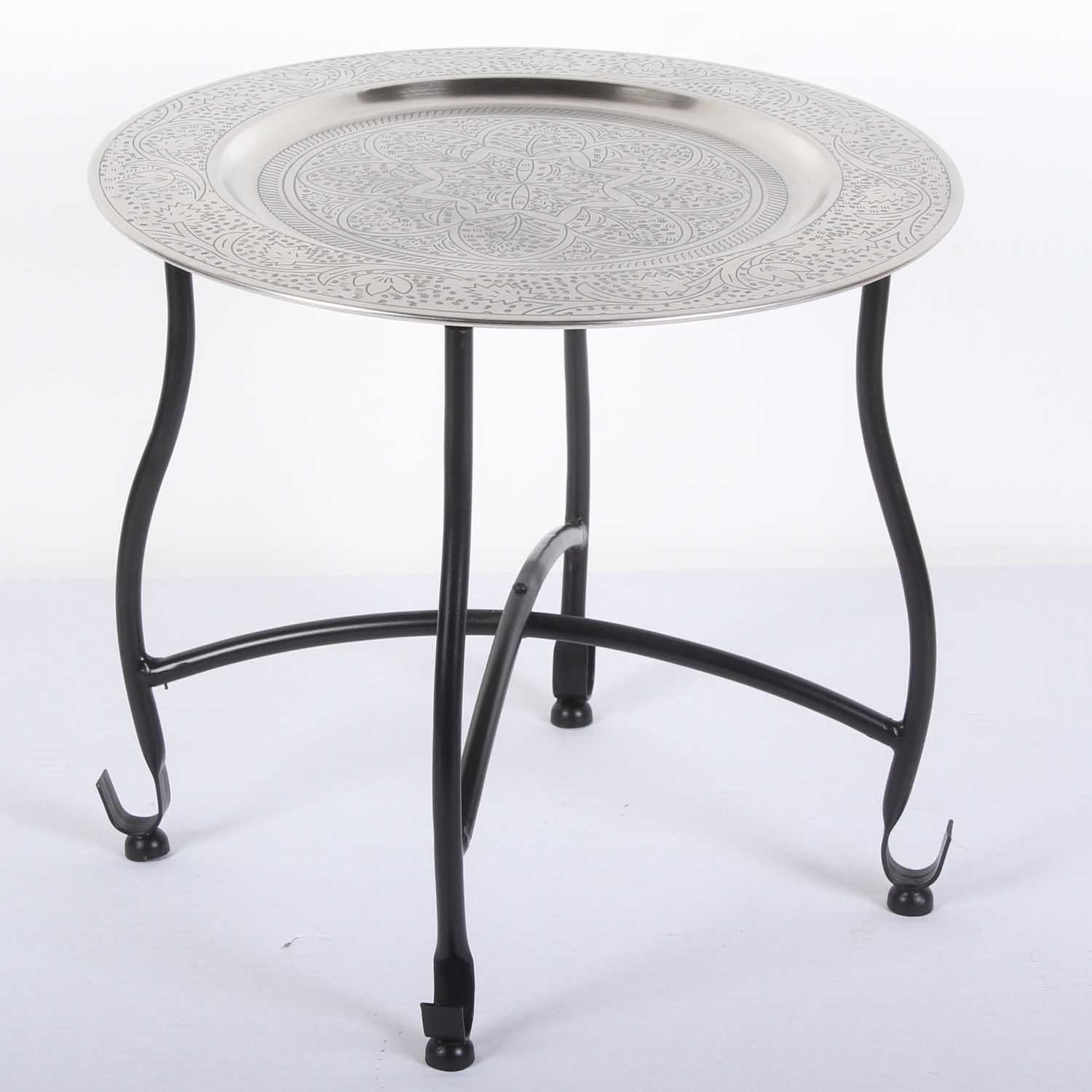 Casa Moro Beistelltisch Orientalischer Teetisch Safi D40 cm rund Silber Tablett, Beistelltisch mit klappbarem Gestell in schwarz, TA7068