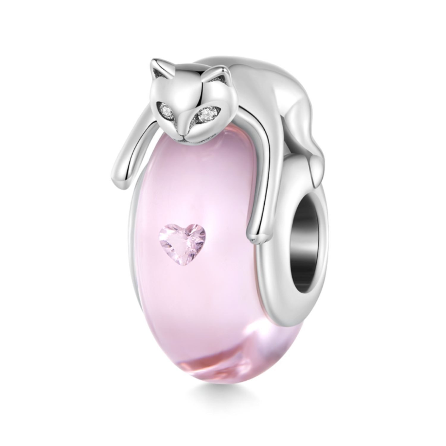 Gnoce Bead Gnoce Charm Katze auf rosa Glas liegend Silber IDC 158