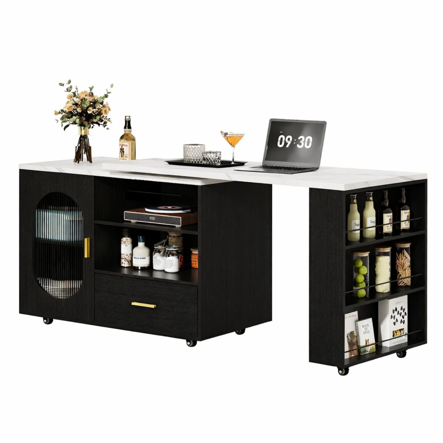 mukuhi Kücheninsel 360° drehbar mit Stauraum erweiterbar rollbar, Schublade integriert, offene Ablagen, multifunktional