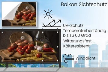 MuchoWow Balkonsichtschutz Schneidebrett - Gemüse - Stillleben - Pasta - Aus - Tomate - (1-St) Balkonbanner, Sichtschutz für den Balkon, Robustes und wetterfest